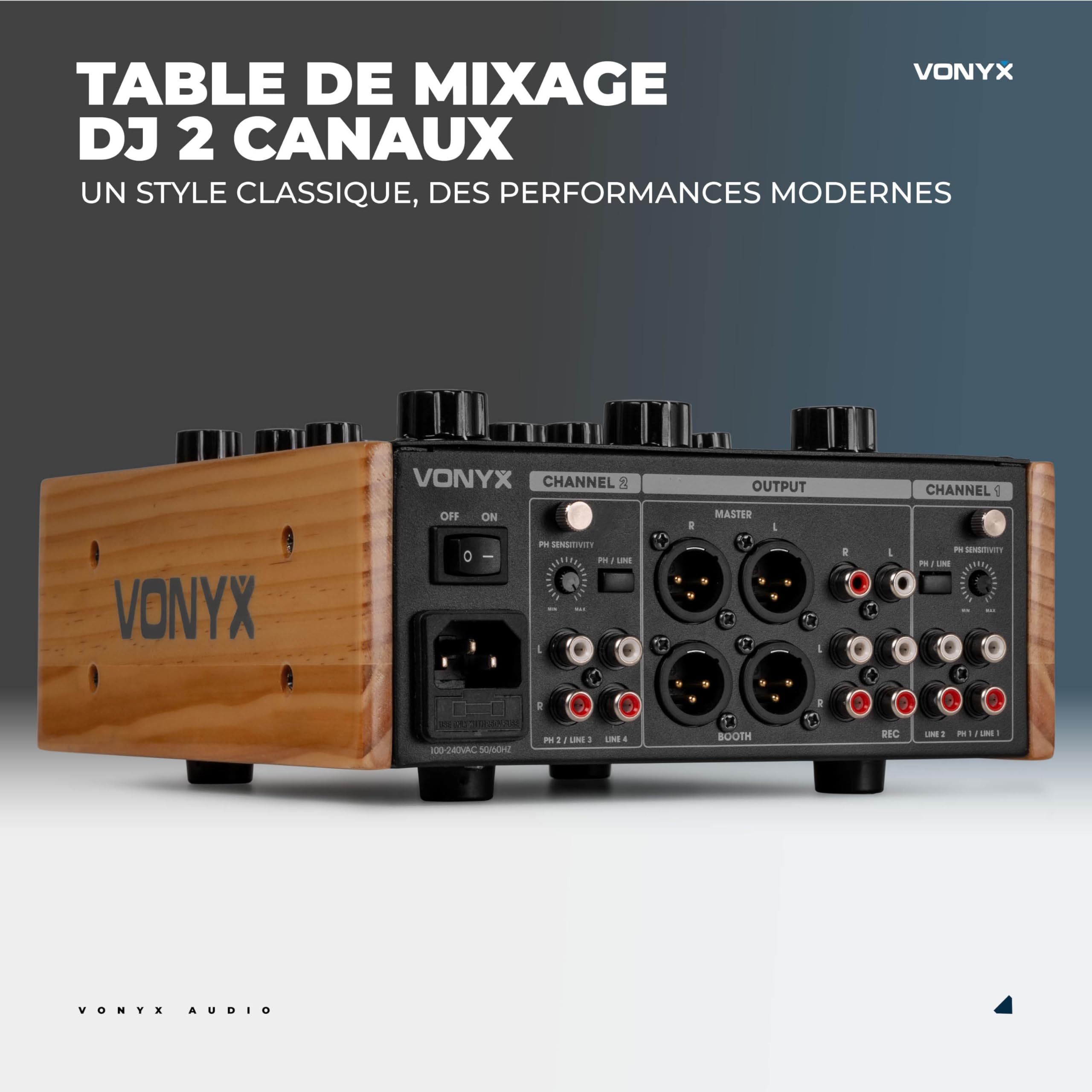 VONYX VDJ250 - Table de Mixage DJ Rotative 2 Canaux avec EQ 2 Bandes, Entrées Phono/Line, Mixer Analogique Compact pour DJ Vinyles & Sources Audio
