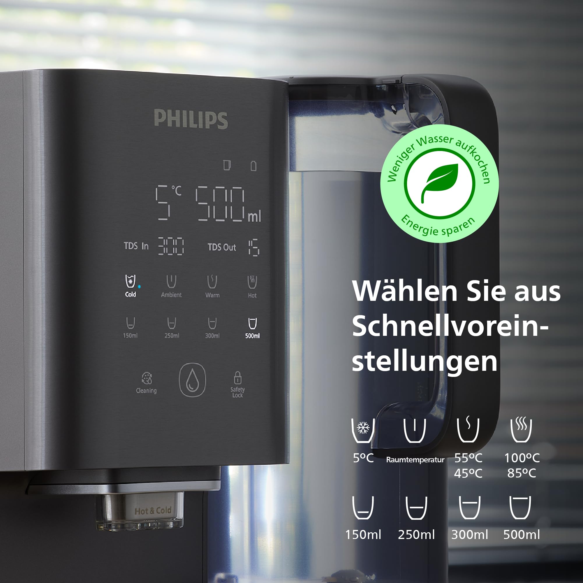 Philips Water 7500 Umkehrosmose-Wasserspender: heißes & gekühltes Wasser in Sekunden, 6-in-1-RO-Filter mit essenziellen Mineralien, >110 Schadstoffe reduziert, 3:1 Rein-/Abwasser, UV-C Schutz, 2000 L