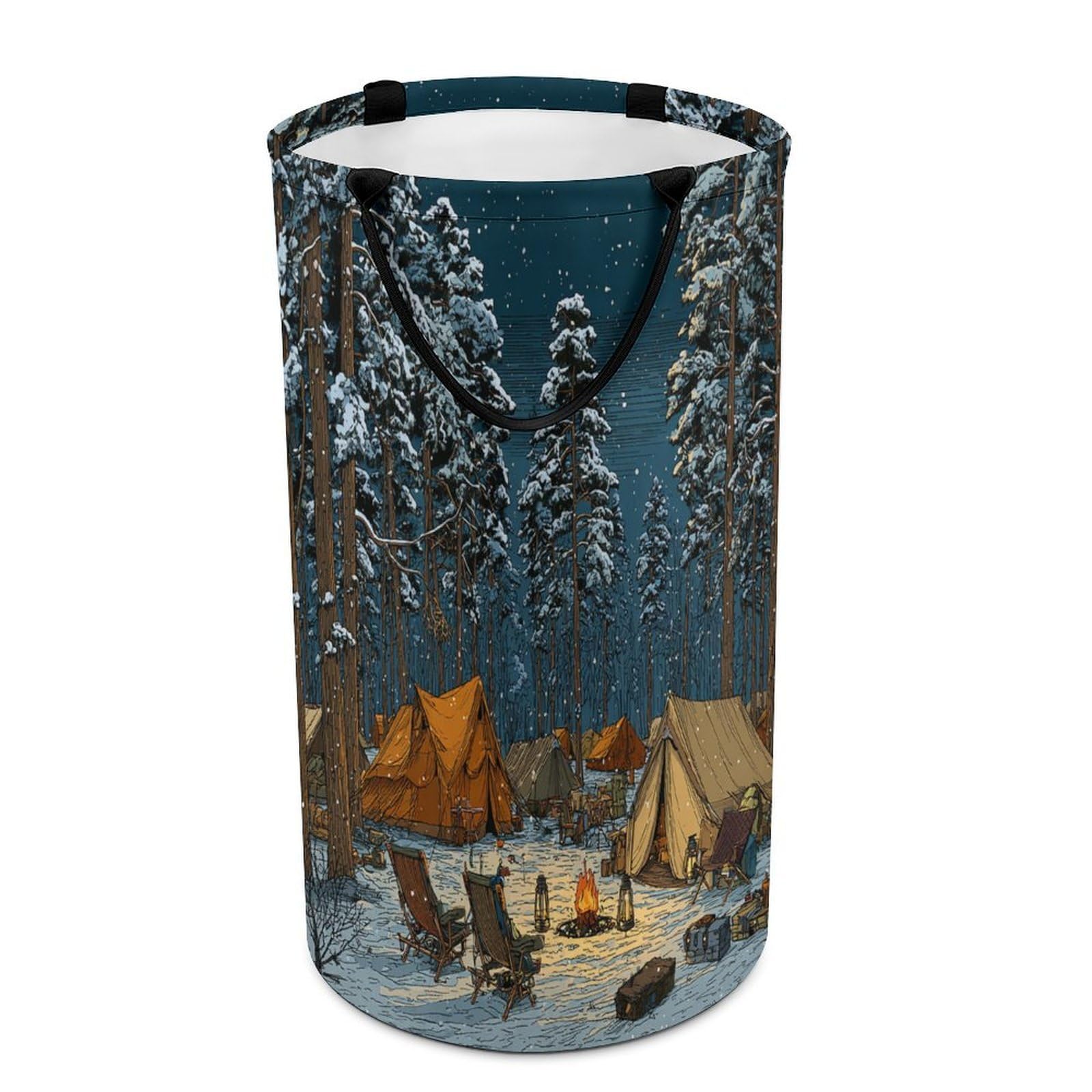 LUYYSKY Beautiful Classic Winter Camping Versatile Storage Laundry Basket, Colorful Realistic Snowy Forest Campfire Tent Pattern Large Capacity Bathroom Hamper With Handle