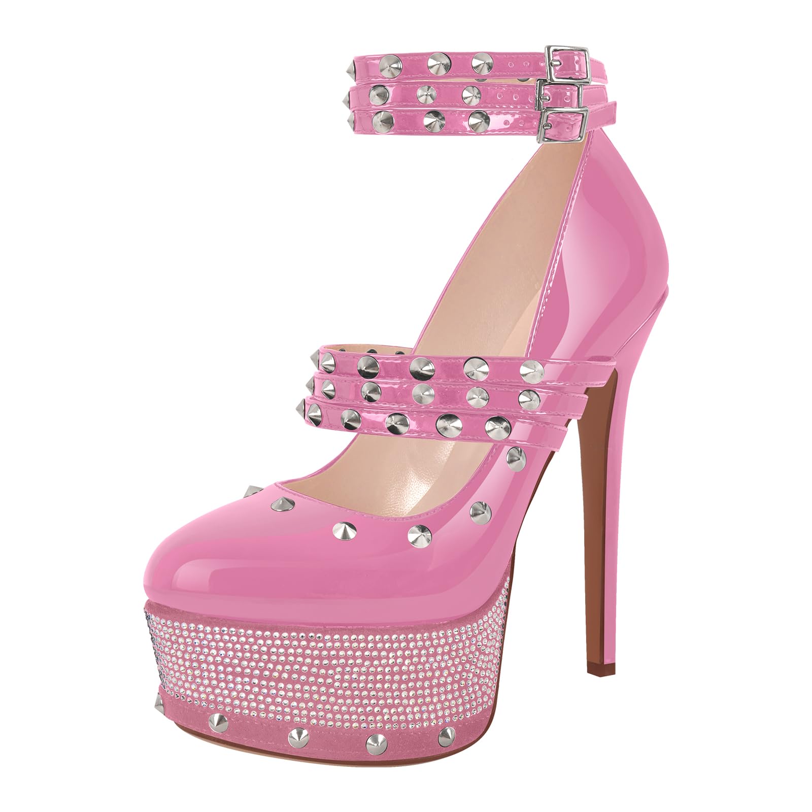 onlymaker Close Toe Stiletto Platform Mary Jane Pumps for Women Triple Buckle up Rivet Studded Strappy Party Shoes