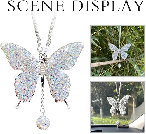 Miniatura 19 de Accesorios de automóvil con diamantes de mariposa brillantes, dijes de cristal para espejo retrovisor de automóvil para mujer, cubiertas universales