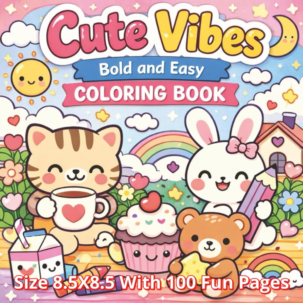 Cute Vibes Bold and Easy Coloring Book: A Charming Collection of 100 Bold and Easy Cute Coloring Pages Featuring Sweet Characters, Happy Moments, and ... Joyful Creativity | Large 8.5 x 8.5 Pages...