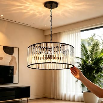 17.7" Black Crystal Chandelier, 6-Light Crystal Chandeliers for Dining Room with Adjustable Height, Farmhouse Dining Room Light Fixture for Dining Room, Living Room, Bedroom, Entryway