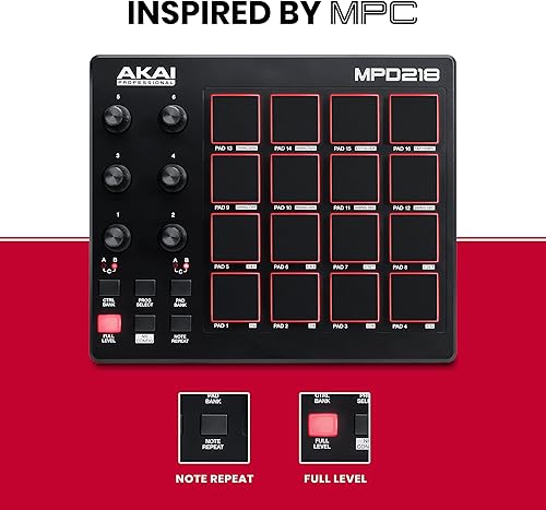 Miniatura 4 de AKAI Professional MPD218 - Controlador MIDI alimentado por USB con 16 almohadillas de tambor MPC 6 perillas asignables botones de repetición de