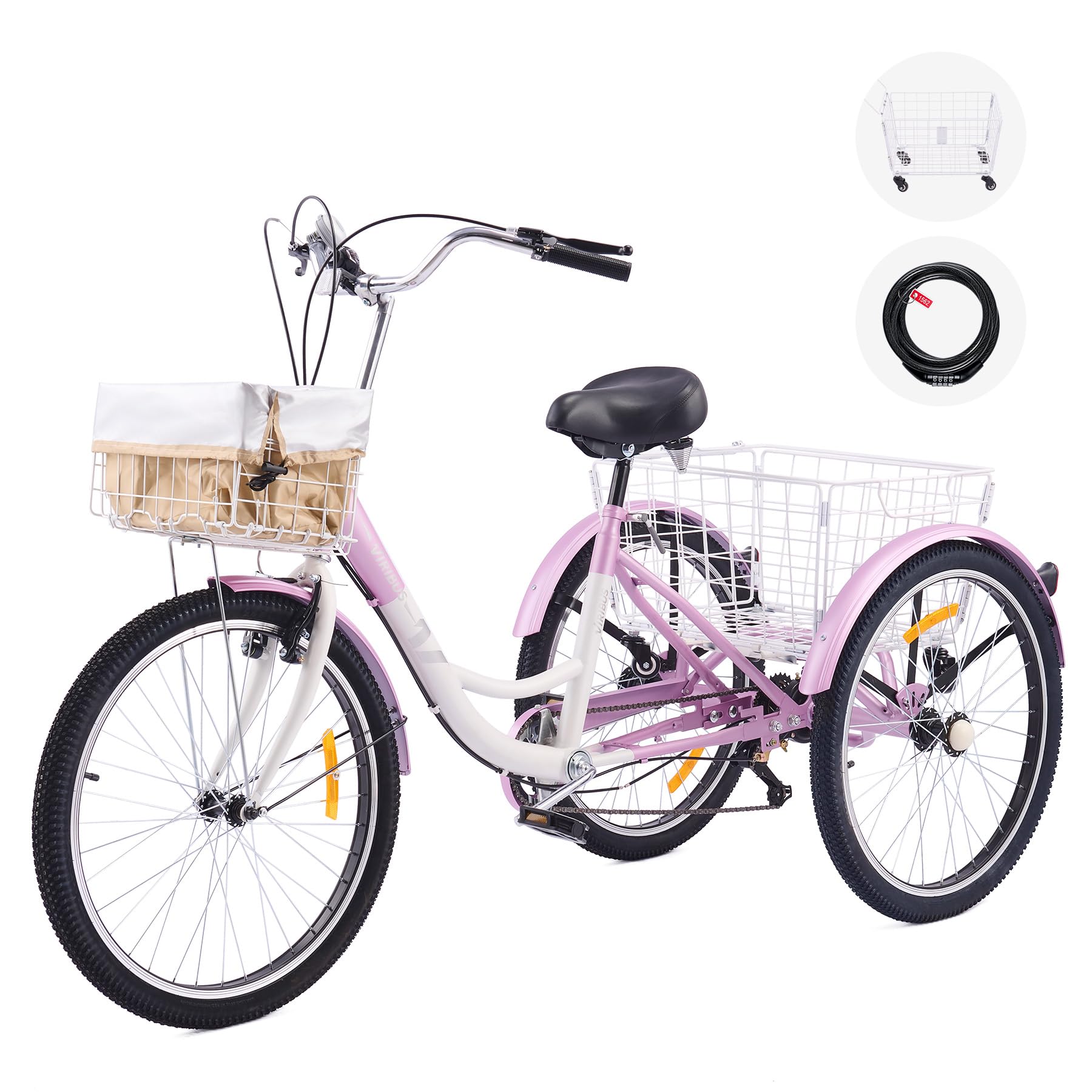 Viribus Adult Tricycle, 7 Speed Tricycle for Adults, 26" 3 Wheel Bikes for Adults with Baskets, Adult Tricycles for Women Seniors Men, Three Wheel Tricycle for Dogs Beach, Cargo Trike Tricycle Lilac