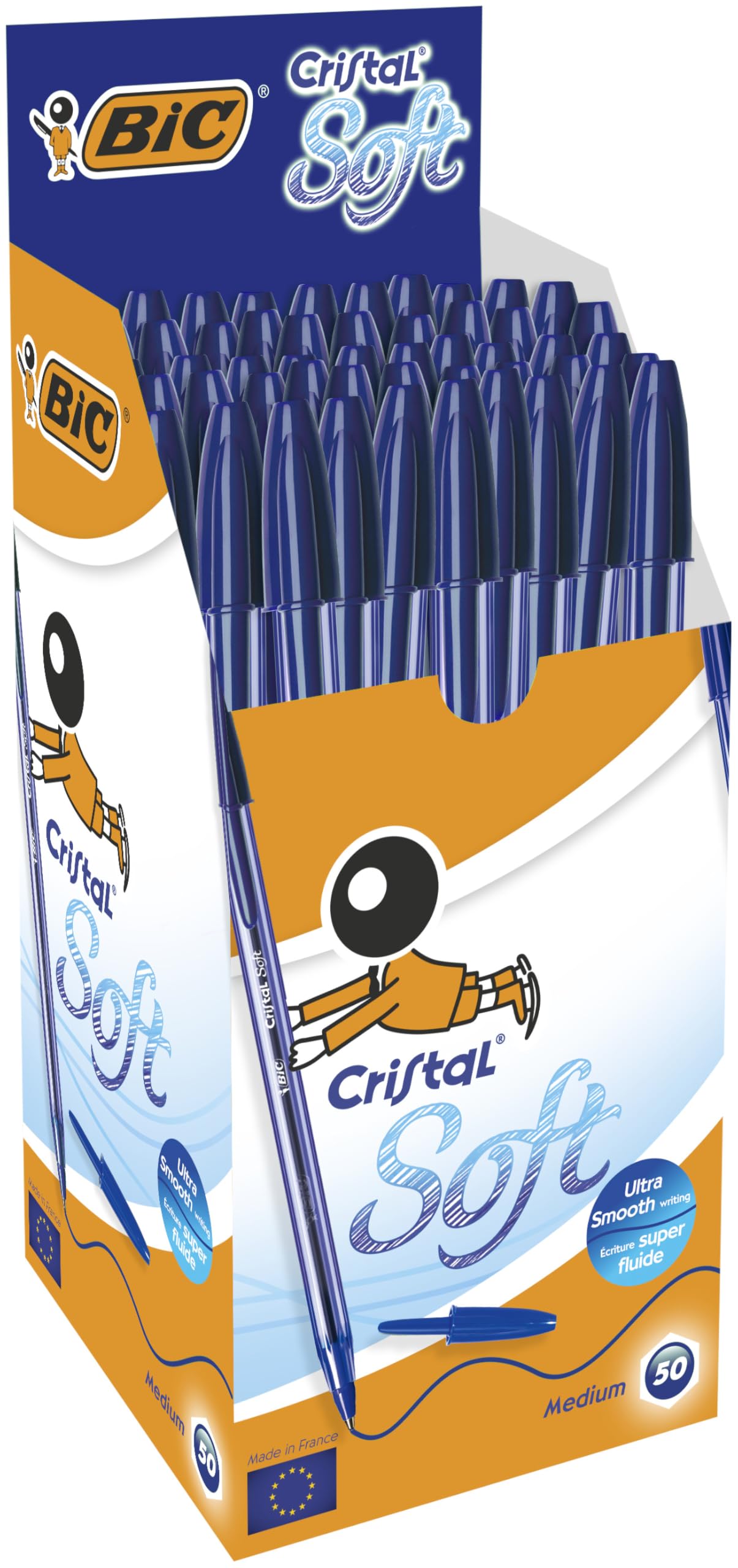 BIC Cristal Soft Bolígrafos punta media (1.2 mm) - color azul, caja de 50 unidades