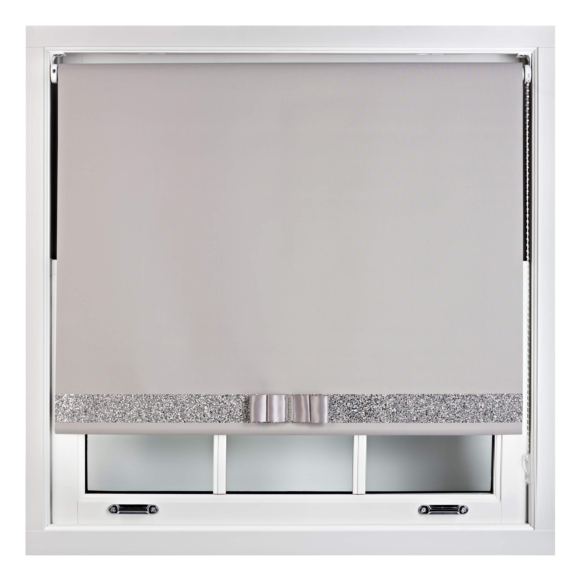 Furnished Grey Blackout Roller Blinds Decorative Glitter Fabric & Bow - Trimmable - 55W X 165H Cm