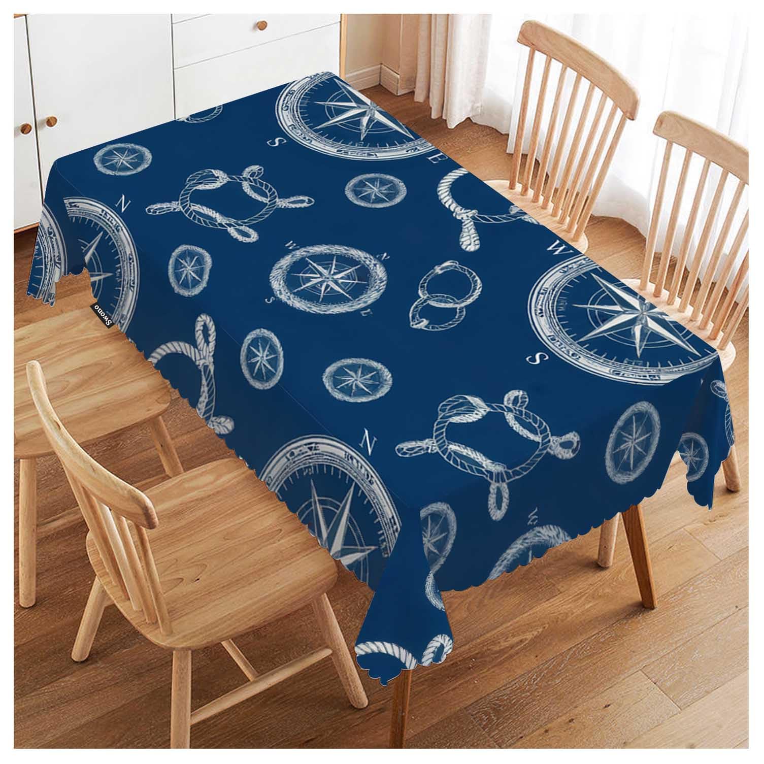 FJQWKLF Compass Table Covers 52x70 Inch Vintage World Map Wind Rose Rope Knot Nautical Compass Tablecloth Kitchen Dinning Tabletop Decoration, Blue Table Cloth for Outdoor and Indoor Use