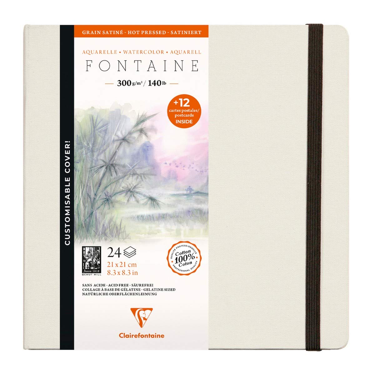 Clairefontaine 975443C - Un carnet cousu de papier dessin Fontaine blanc satiné 24 pages 21x21 cm 300g + 12 cartes postales pré-imprimées
