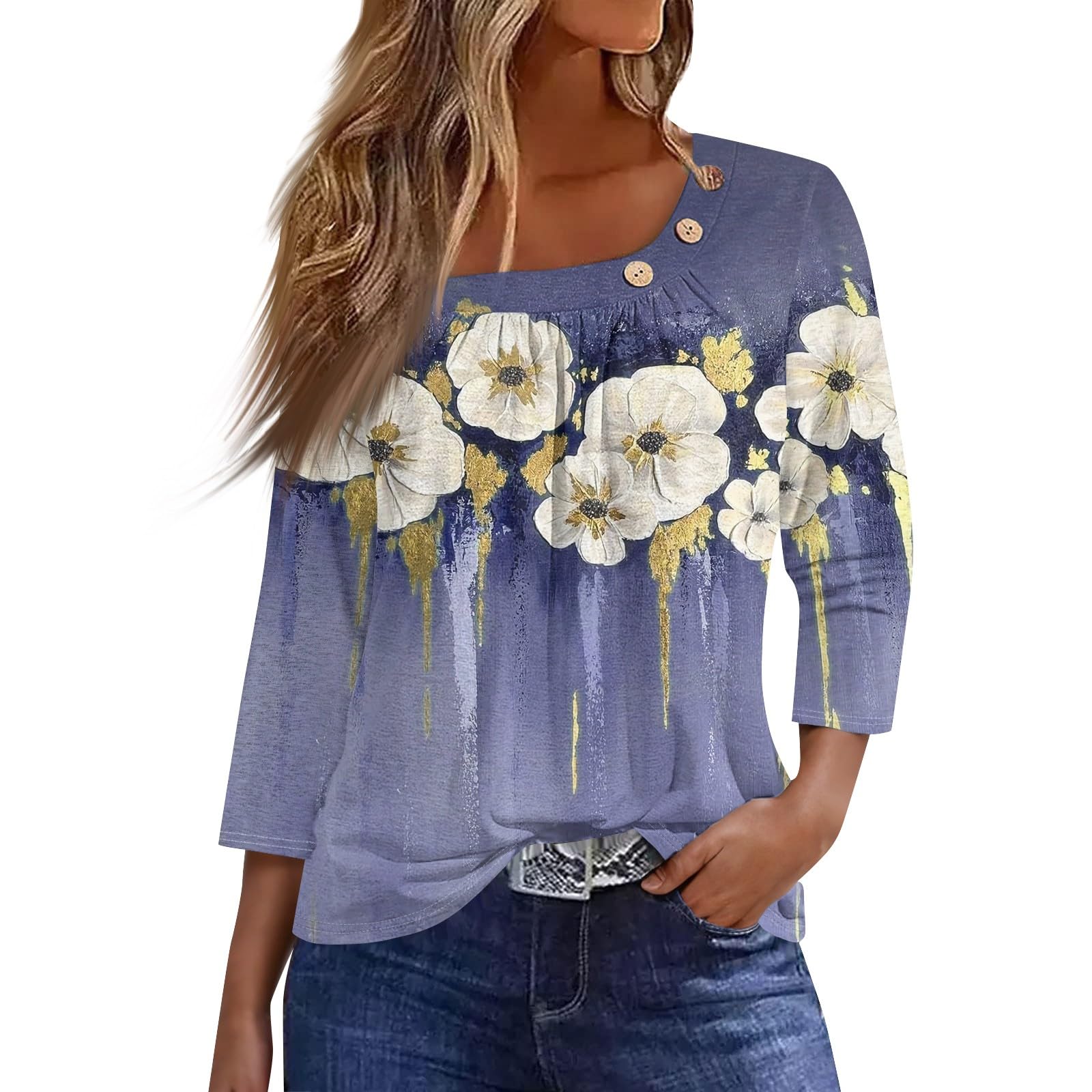 SCBFDI Blusa Mujer Elegante, Camiseta Mujer Escolar Día Festivo T-Shirt Manga De Siete Puntos Elegante Volante Fruncido Delgado Cuello, Moda Blusas Elegantes
