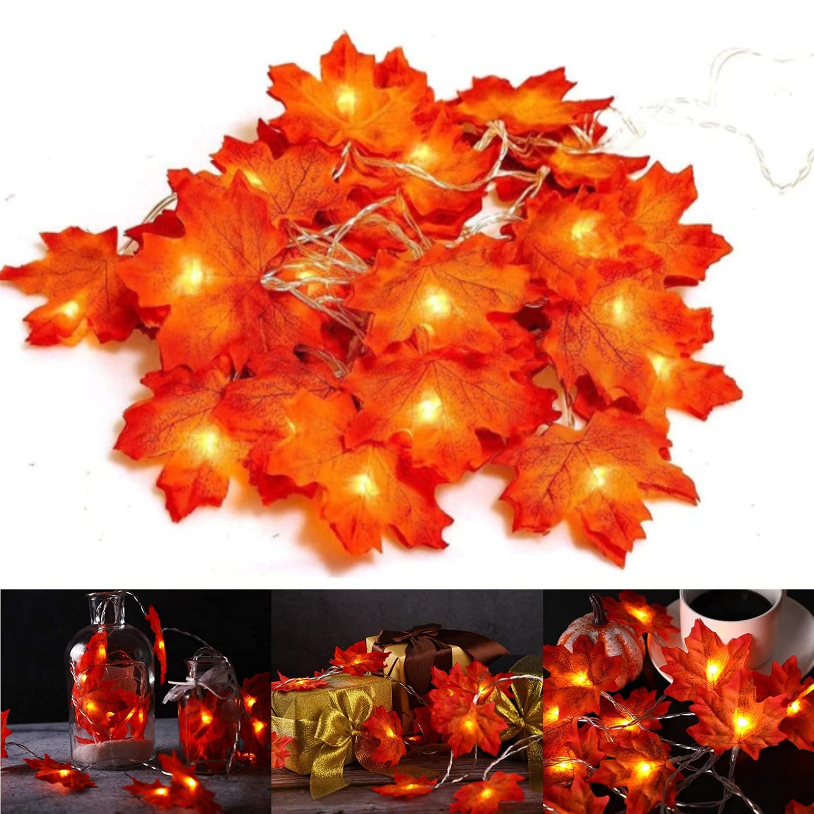 2 Pack Thanksgiving Lights Fall Maple Leaves String Lights Thanksgiving Decorations, Total 20 Ft & 40 LED Maple Leaves Lights Battery Operated Fall Lights for Holiday Autumn Garland Home Indoor Decor