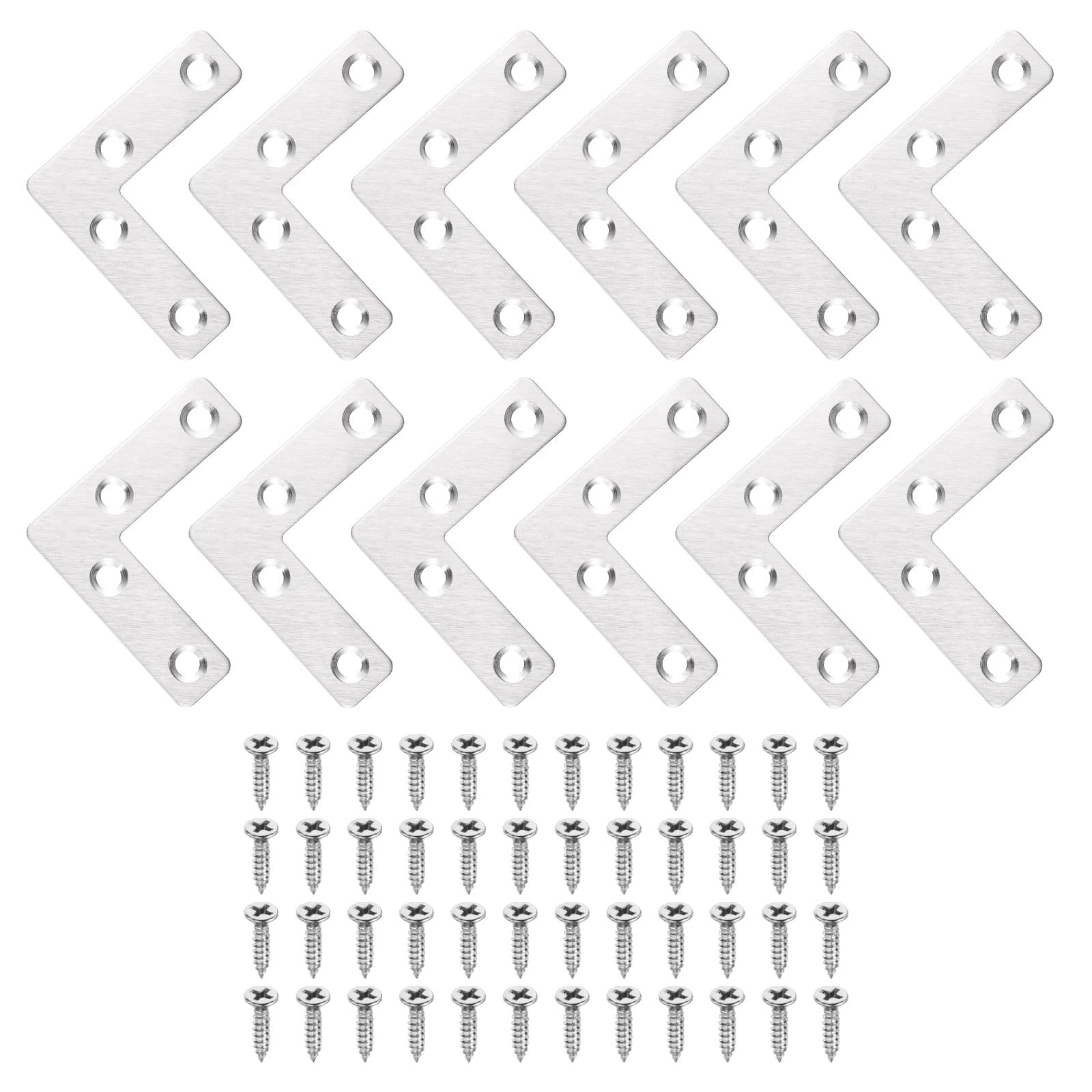 sourcing map 12Pcs l Shape Flat Bracket, 1.97" x 1.97" Metal Flat Corner Bracket Right Angle Corner Brace Mending Plate with Screws for Wood Frame Furniture Fixing Joining, Silver