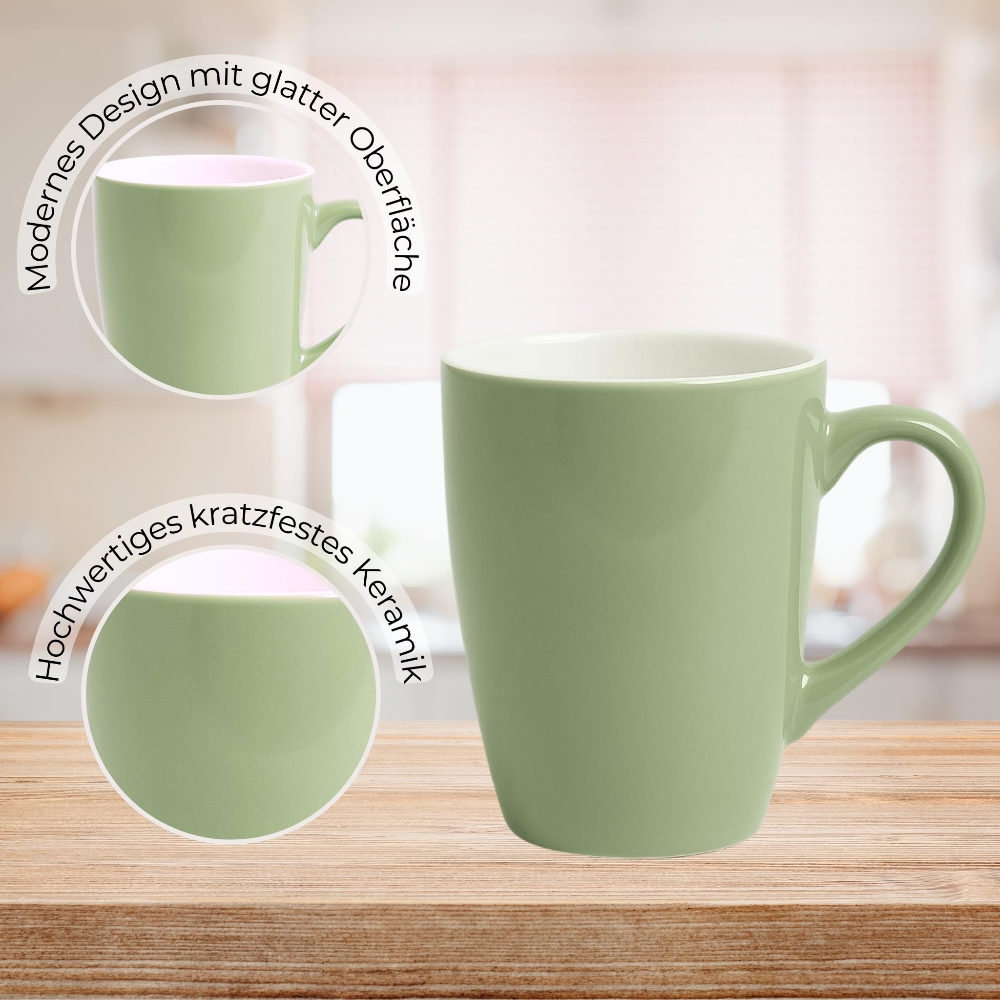 matches21 HOME & HOBBY Set di 6 tazze da caffè in ceramica da 340ml - Tazze da tè per 6 persone in salvia, bicchieri da caffè lavabili in lavastoviglie