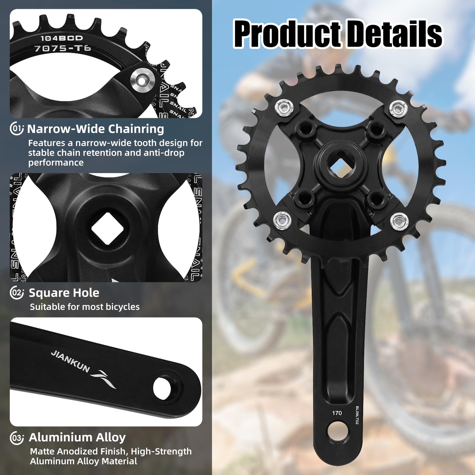 Bielas Cuadradas 170mm Plato 104 BCD 32T 34T 36T 38T Manivela MTB Compatible Shimano SRAM FSA