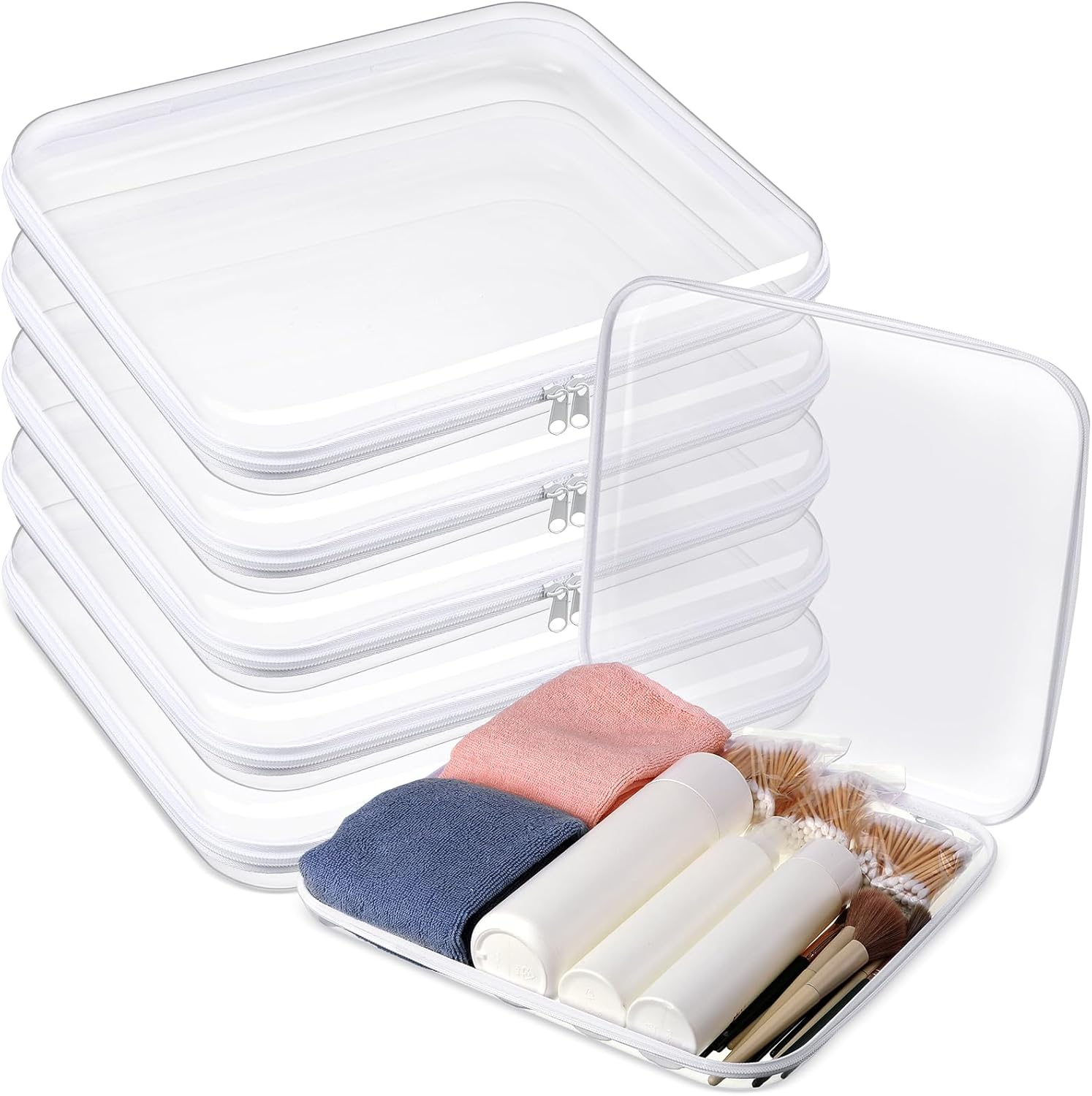 Sanwuta 6 Pcs Clear Hard Zipper Case Hard Plastic Zipper Pouches Makeup Bag Transparent Cases for Snacks Hard Plastic Storage Organizer Portable Box for Travel(White,13.78 x 11.81 x 2 Inch) White 13.78 x 11.81 x 2 Inch