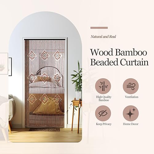 Miniatura 3 de Cortina de cuentas de bambú, cortina bohemia con cuentas de 52 hebras de 35.4 x 74.8 pulgadas, cortina de madera natural para puerta, cortina de