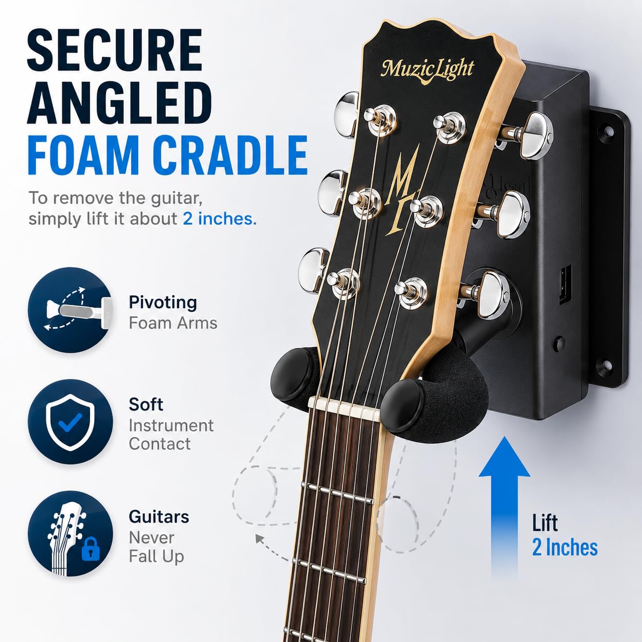 MuzicLight Soporte de pared para guitarra iluminada y soporte de pared para guitarra eléctrica o guitarra acústica con LED para exhibición de guitarra con iluminación ambiental (azul)