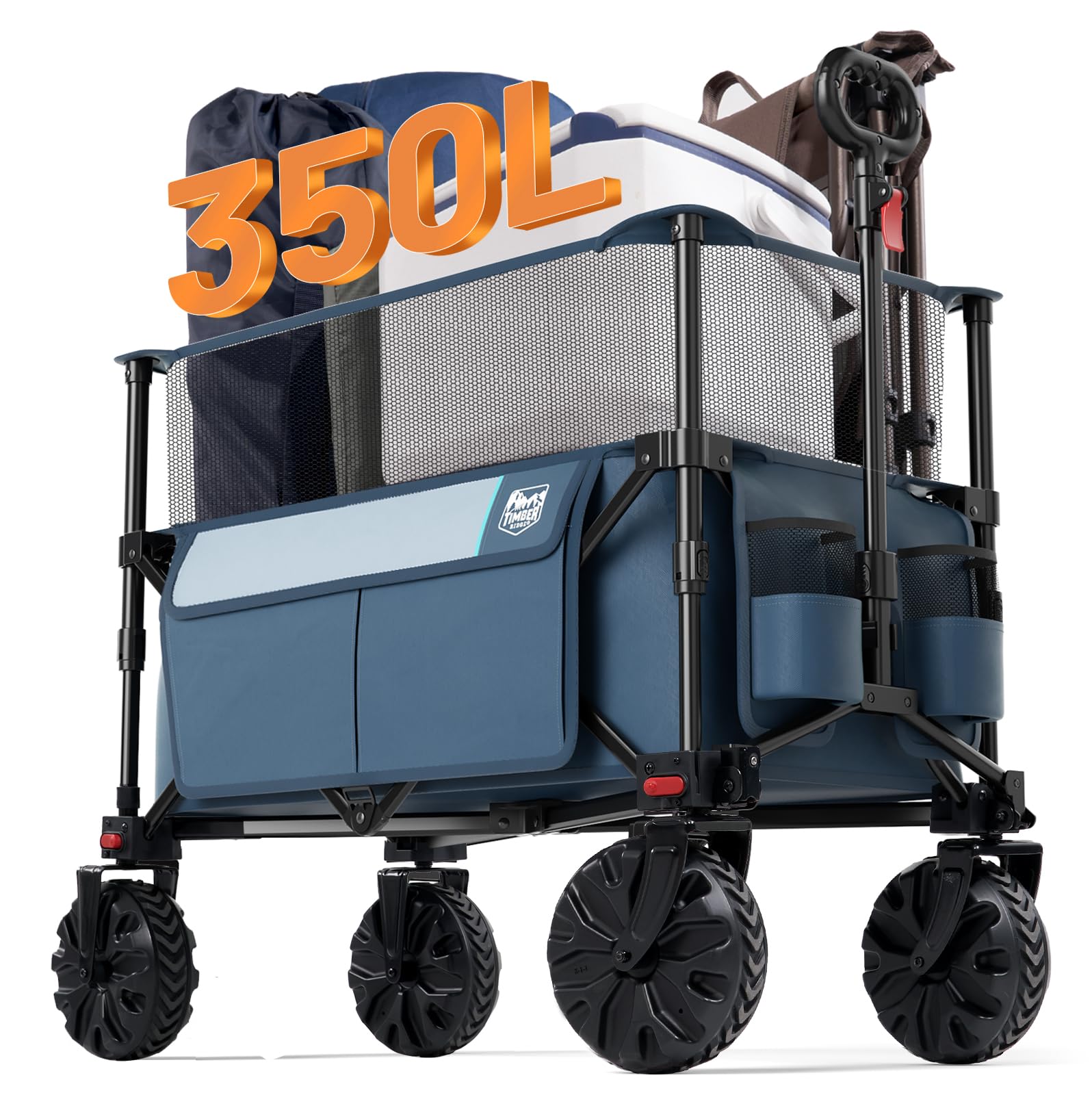TIMBER RIDGE Foldable Wagon 230L Extendable Height, 300LBS Capasity Collapsible Wagon Cart with All Terrians Detachable Wheels, Compact Folding Utility Wagon for Camping, Fishing, Shopping Navy