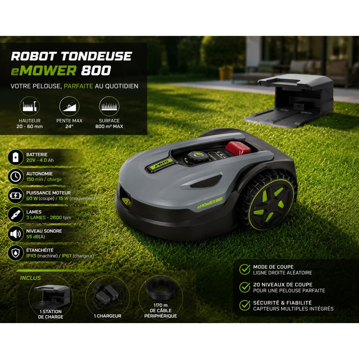 VITO - Podłączony robot kosiarka 800m2 - kosiarka akumulatorowa 20 V stacja ładująca - kabel peryferyjny - połączenie z systemem Android iOS