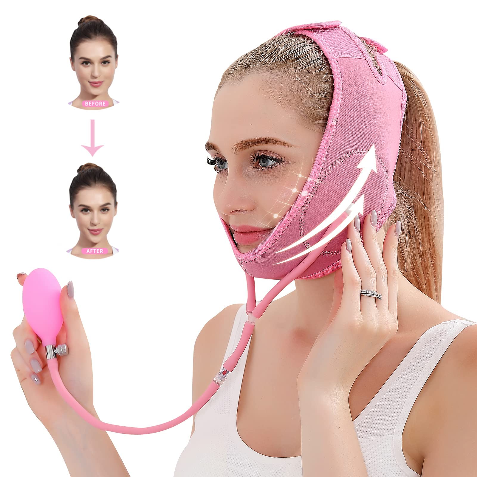 ExceforeDouble Chin Reducer, Adjustable V Line Lifting Face-belt Chin Strap for Women and Men Tightening Skin Preventing Sagging, Air Pressure Face Belt, Pink