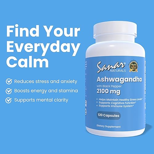 Miniatura 2 de Sanar Naturals Ashwagandha 2,100 mg - Suplemento para el estrés y el estado de ánimo, promueve el enfoque y la energía sostenida, mezcla de polvo de