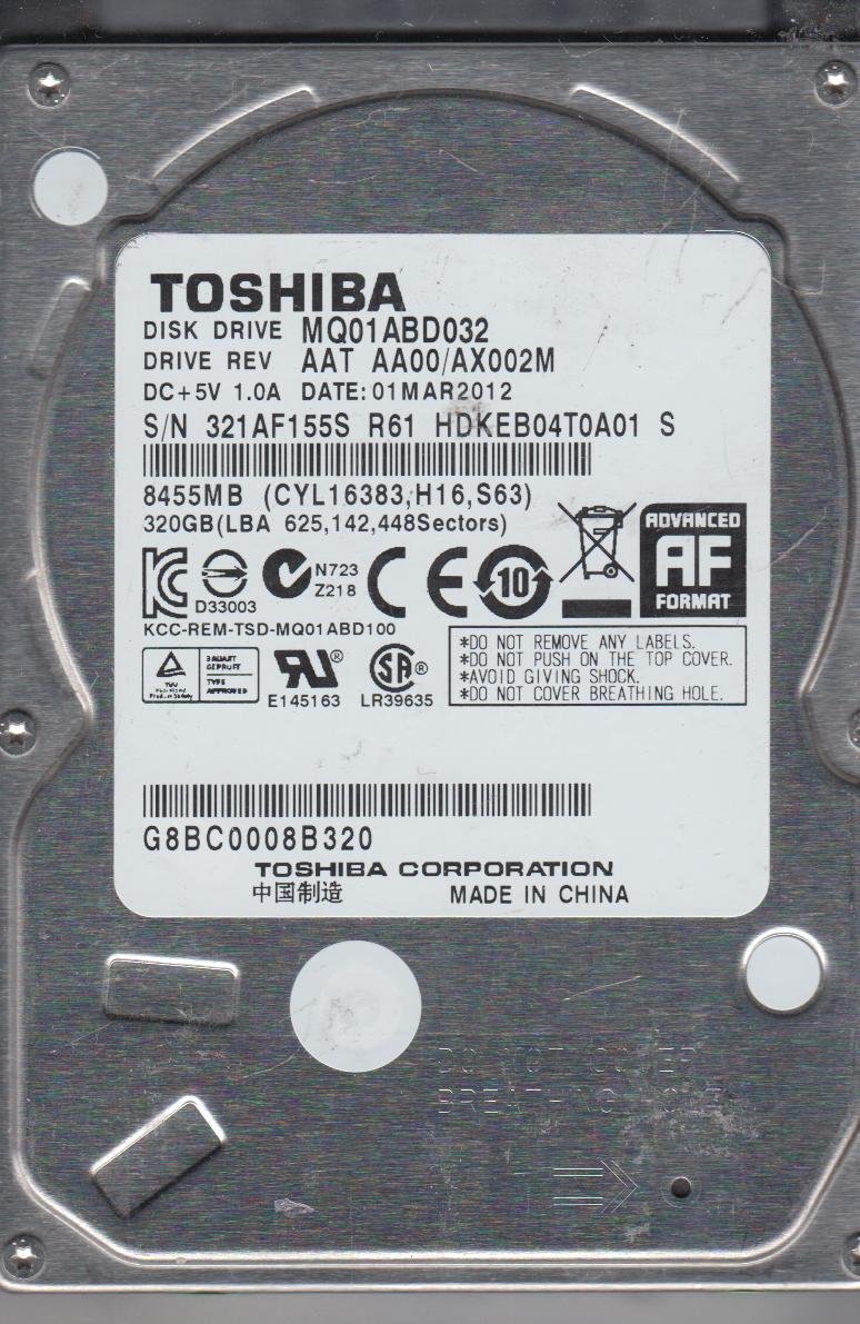 Toshiba MQ01ABD032, AA00/AX002M, HDKEB04T0A01 S, 320GB SATA 2.5 Disco Duro