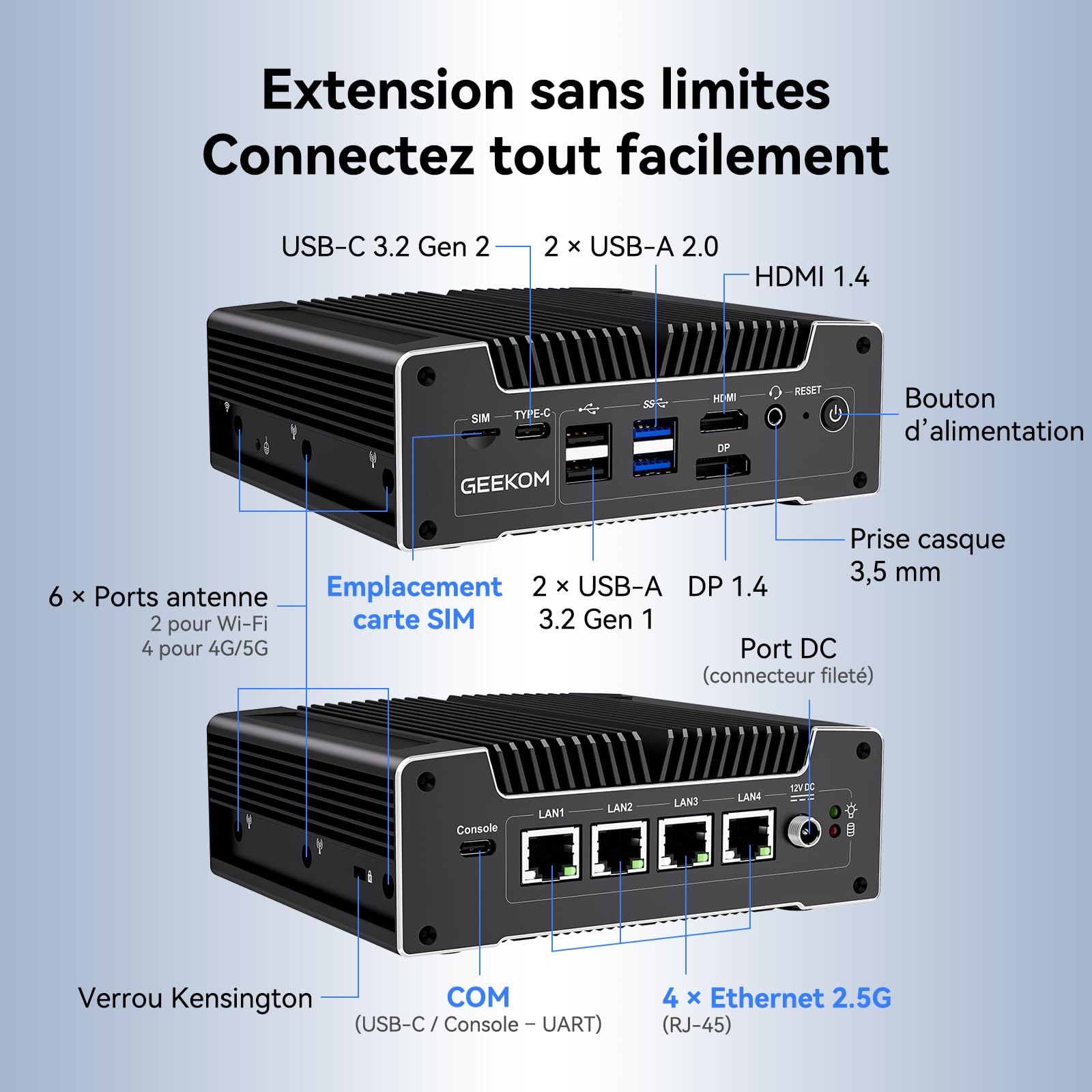 GEEKOM iX12 Mini PC Fanless Industriel avec Intel N95, 4X LAN 2.5G, TPM 2.0 | 8Go DDR5 256Go SSD, Slot SIM, USB-C, Triple Écran 4/8K, Mini Ordinateur pour Automatisation, Pare-feu, IoT