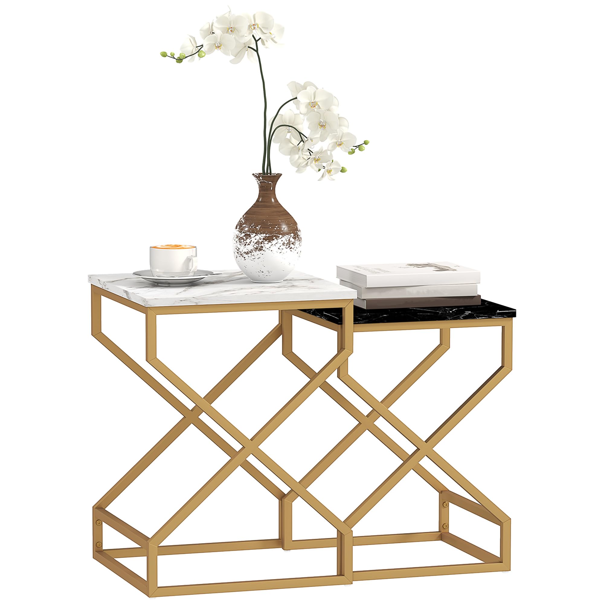 HOMCOM Nest of Tables, Side Table Set of 2 Coffee Table Set, White & Black