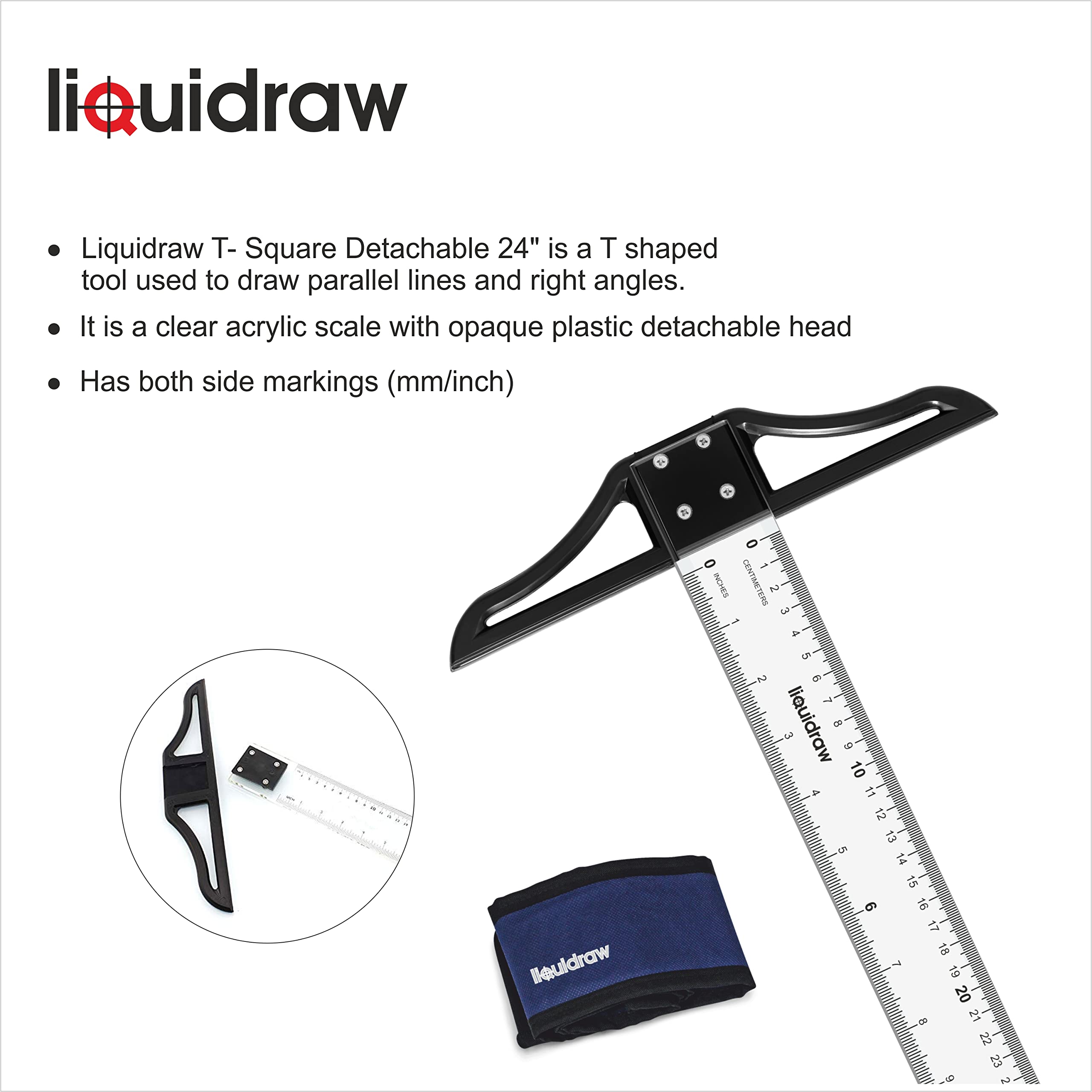 Liquidraw Regla cuadrada en T, 60 cm, regla acrílica para dibujo y dibujo, medidas imperiales y métricas, borde biselado y cabeza desmontable, para arquitectos, ingenieros y dibujo técnico