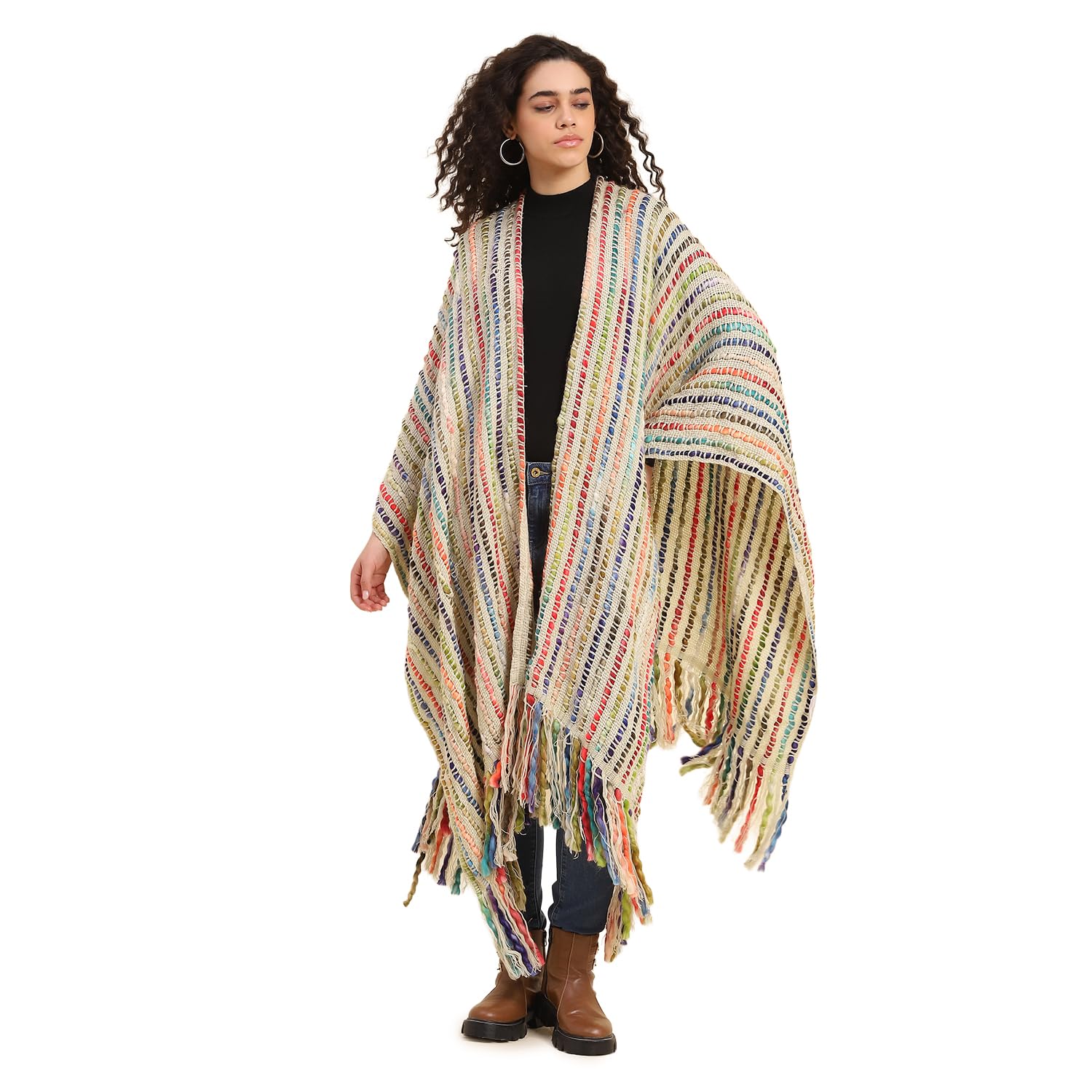 Bohemian Poncho | Women's All Over Knitted Cape | Embroidered Winter Wrap Cardigan-image-44