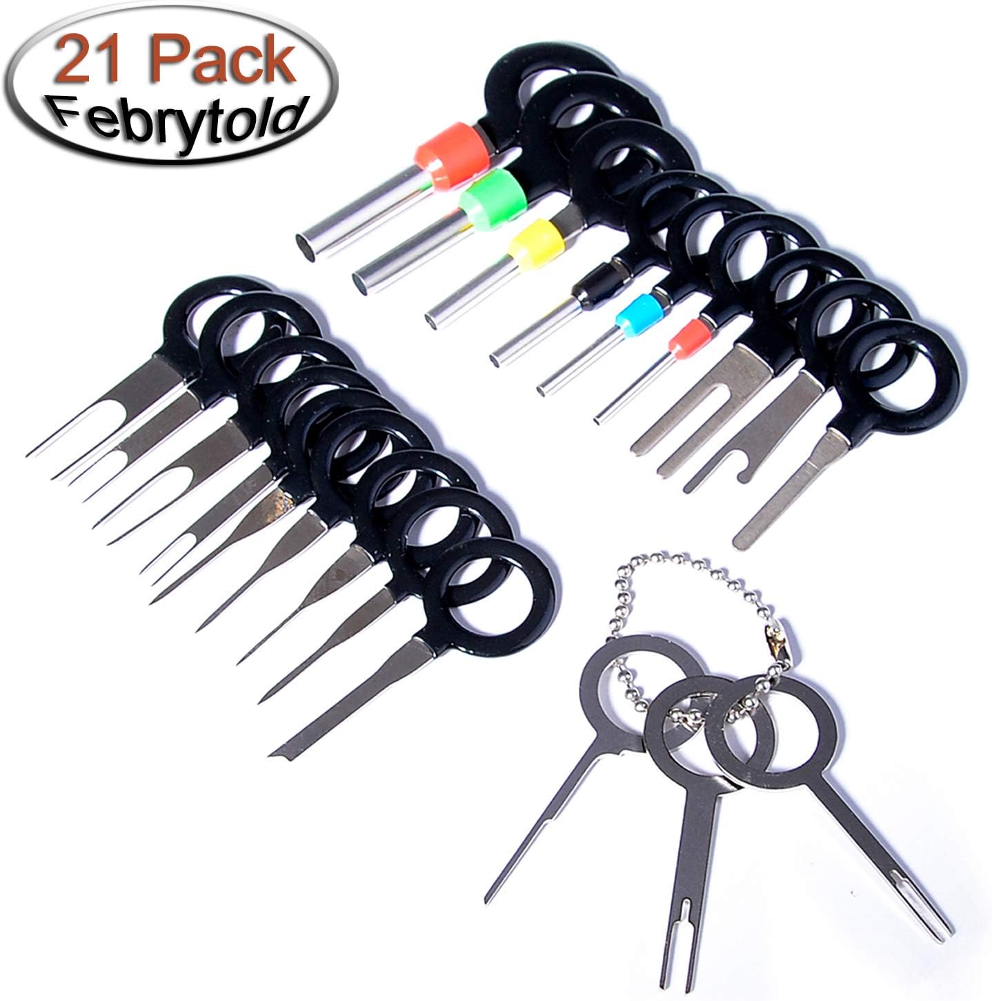 FEBRYTOLD 21Pcs Terminals Removal Key Tools Set for Car, Auto Electrical Wiring Crimp Connector Pin Extractor Puller Repair Remover Key Tools Set for Most Connector Terminal