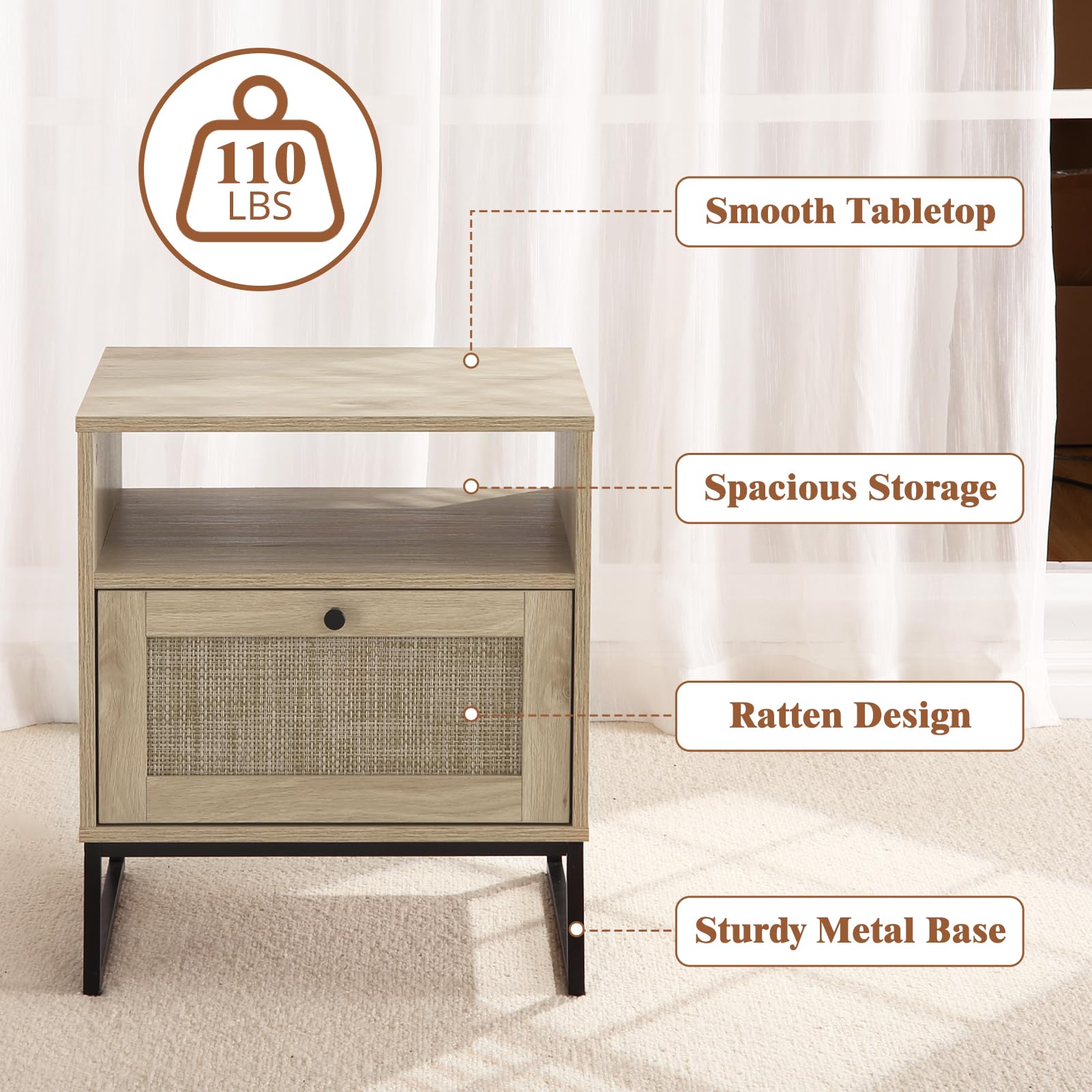 Rattan Nightstand Set of 2, Side Table with Storage, Modern Boho End Table, AccentTable for Bedroom, Living Room, Oak/Black