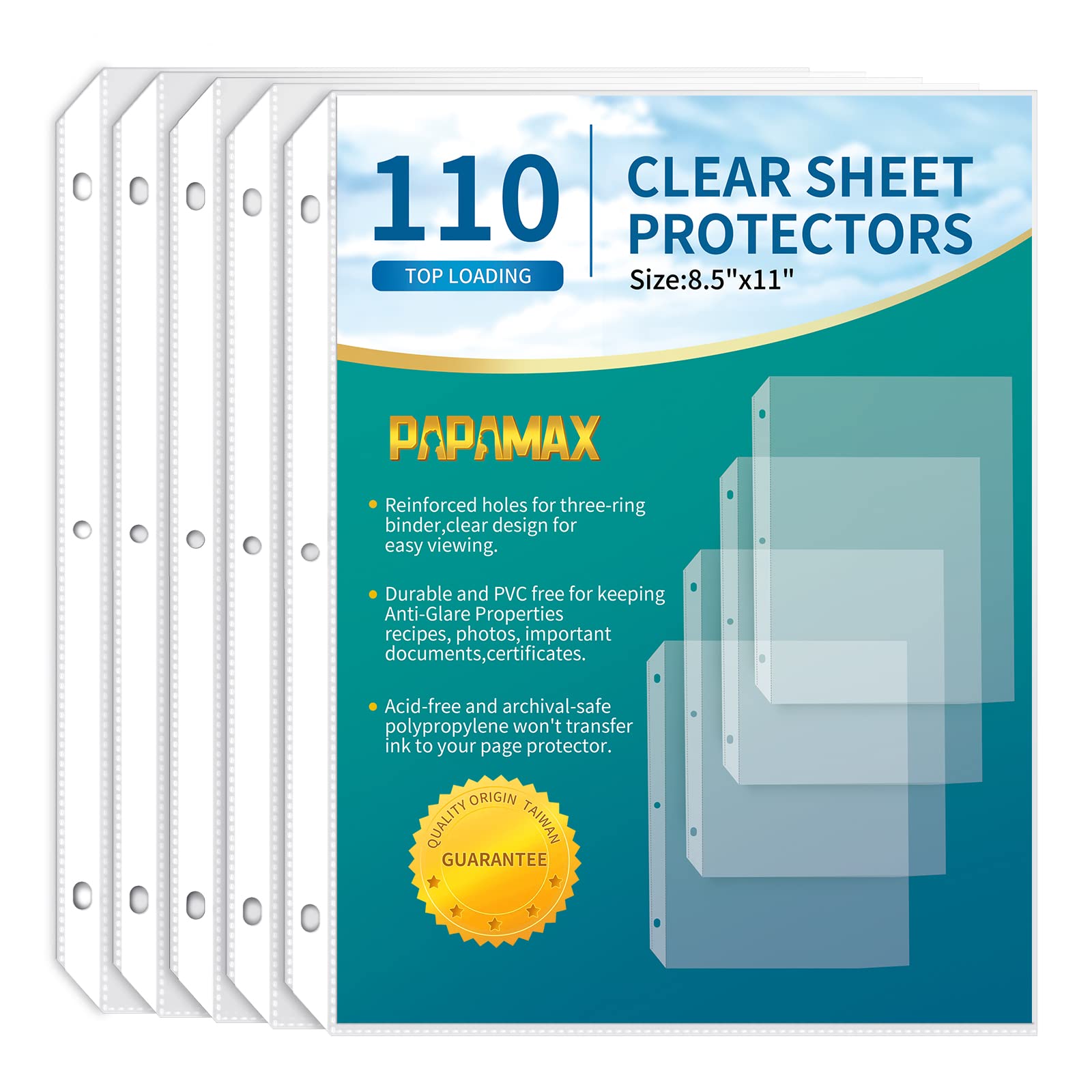 110 Pack Sheet Protectors 8.5 x 11 inch Clear Page Protectors for 3 Ring Binder, Plastic Sleeves for Binders, Top Loading Paper Protector Letter Size PAPAMAX