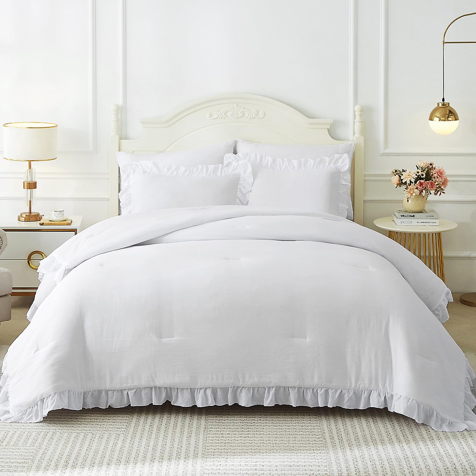ARTALL Full/Queen Comforter Set White Comforter 3 Pieces Reyna Ruffled Comforter Sets with 2 Shams, Vintage Farmhouse Shabby Chic Bedding Soft Fluffy Comforter Set All Season
