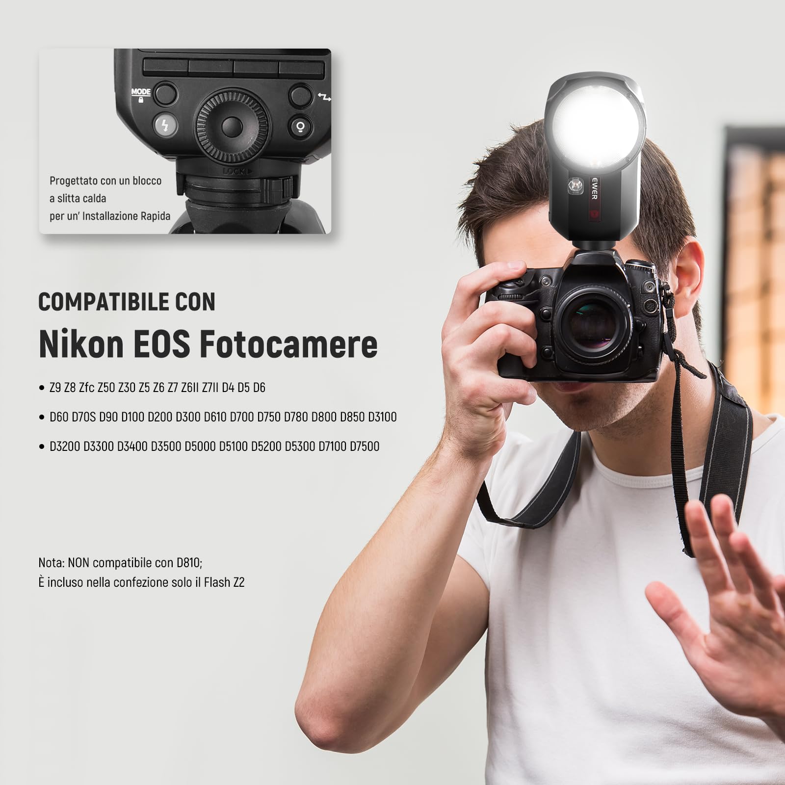 NEEWER Z2-N Flash Speedlite TTL a Testa Tonda 2.4G per Nikon,76W+Diffusore a Cupola, UI Migliorata, Toggle Key TTL/M TCM, 2 Lampada Pilota 1/8000s HSS Batteria 7.4V/2600mAh, 480 Flash a Piena Potenza