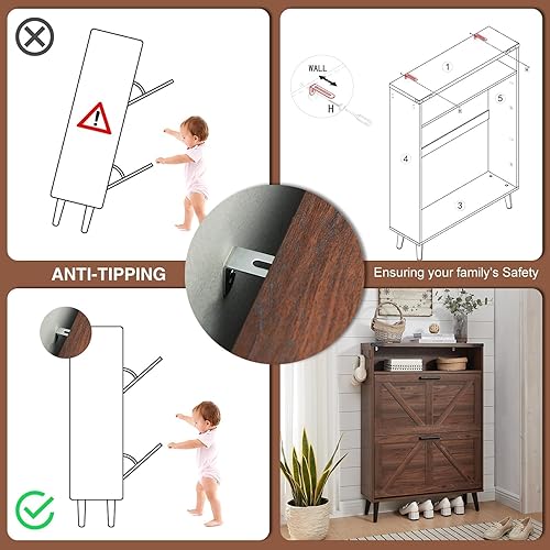 Miniatura 6 de Zapatero, organizador de zapatos con 2 cajones y diseño estilo campestre, armario independiente oculto estrecho, con estantes abiertos, para