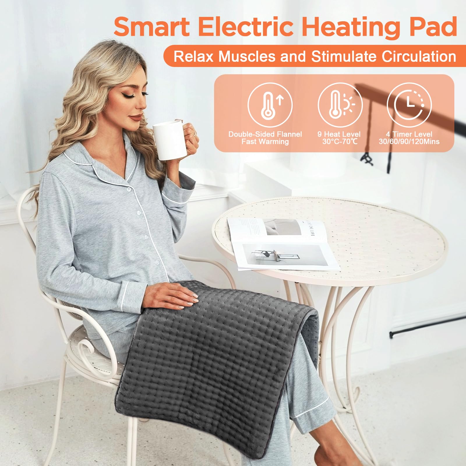 Dechoga Tappetino riscaldante in flanella a doppio strato, regolatore di temperatura a 9 passaggi e 4 timer, lavabile in macchina, morbido e pro-pelle, per collo, spalle (Grigio, 43x84cm)