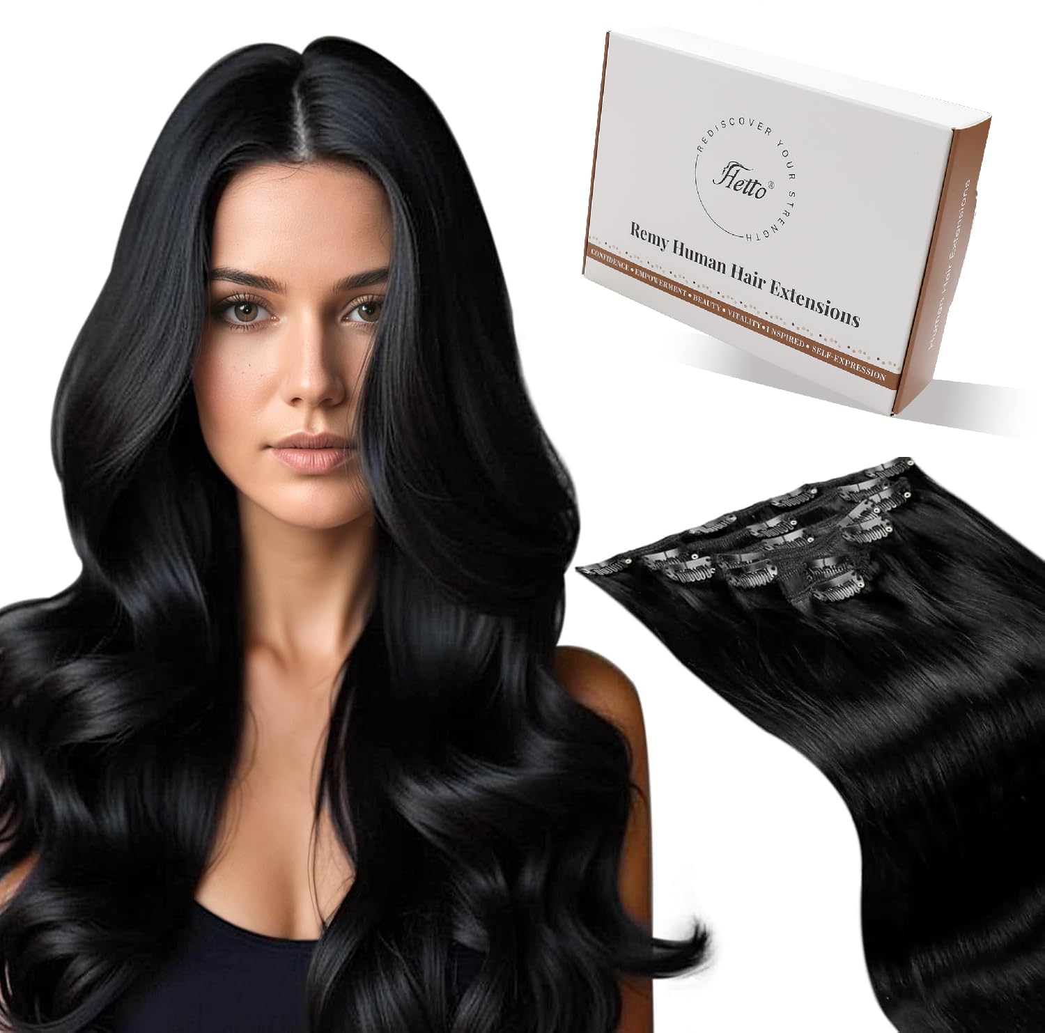 Hetto Clip in Hair Extensions Real Human Hair Black 120g 7Pcs, Full Head Natural Black Human Hair Pieces Clip Ins Invisible