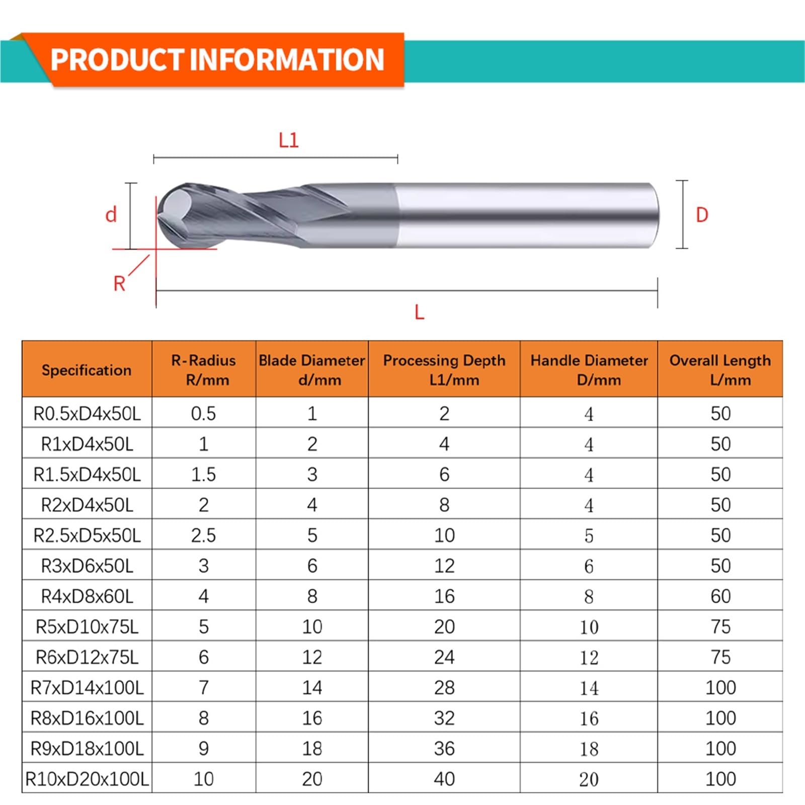 Fresas de punta de bola HRC45, broca enrutadora de acero de tungsteno, herramientas de torno CNC for fresa de Metal, fresa de carburo, 1 Uds.(R2xD4x75L)