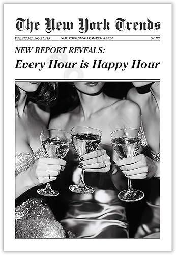 ZTCYBWH Arte de pared retro de New York Trends, exquisito póster de periódico en blanco y negro, póster de Every Hour is Happy Hour Posters de moda