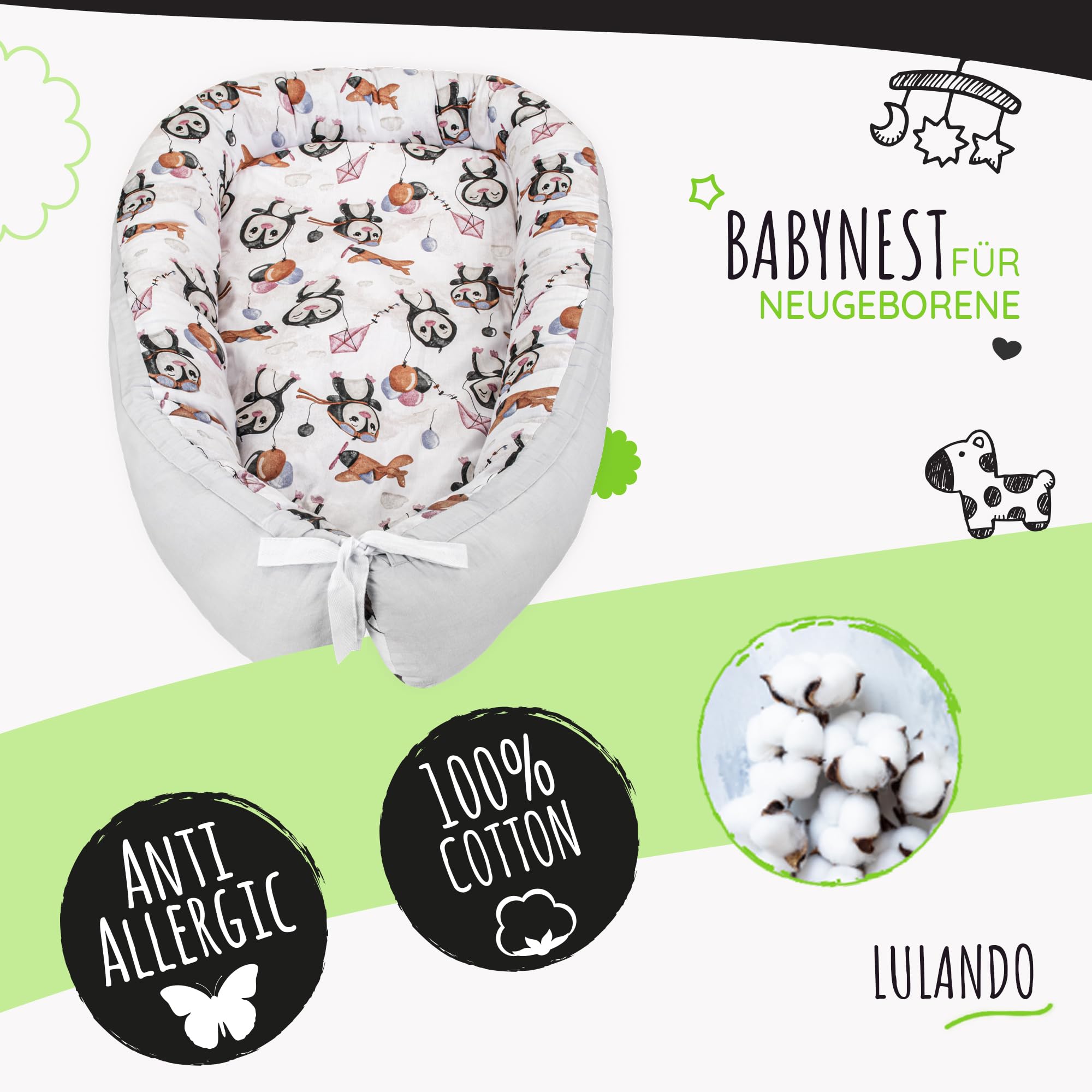 LULANDO® Babynest - Standard 100 von Oeko-Tex - multifunktionales Kuschelnest für Babys und Säuglinge - Nestchen - Reisebett - 100% Baumwolle - antiallergisch - hergestellt in der EU