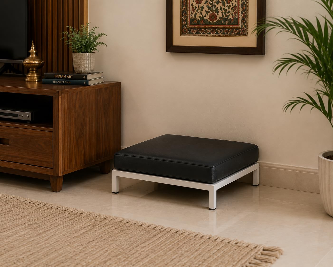 84100 Prayer Stool, Pooja Stool, Low seat for Living Room, Indian Seating, Meditation Chair - Outdoor Seating for Home, Balcony or Library - White Frame with Black Cushion-image-4