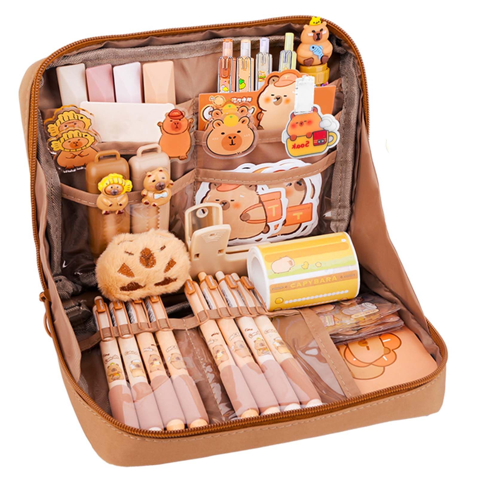 Set Cancelleria Capybara 66 Pezzi | Astuccio Portamatite Con Penne, Righelli, Gomme, Adesivi | Regalo Scuola Per Bambini E Studenti