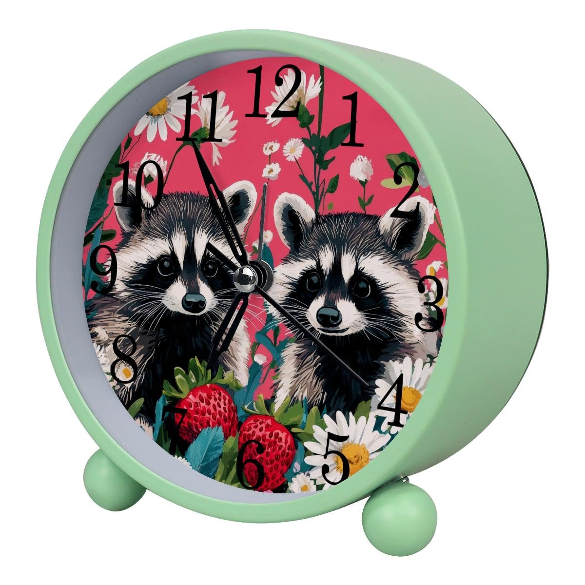 Luoweisi Alarm Clock Raccoons Strawberry Daisy, Silent Non-Ticking with Night Light, Round Metal Alarm Clock for Office, Battery Operated, Bedroom, Elderly, Adults, Children, Student Gifts