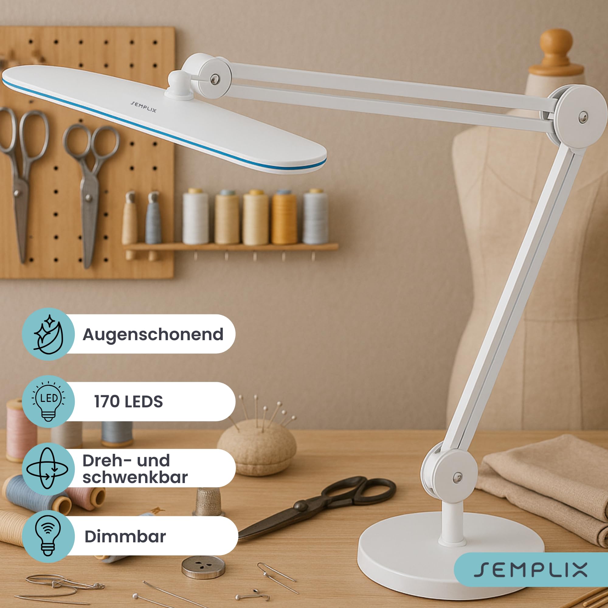 SEMPLIX LED Arbeits-Lampe Weiß: (117 PCS LED, 4fach dimmbar) Mit Tischstandfuß und -Klemme, höhenverstellbarem Lampenarm
