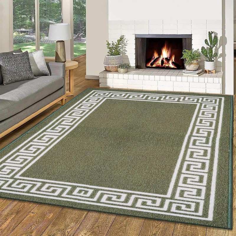 Trendy Realm Athena Rug – Large Washable Non-Slip Carpet for Living Room, Bedroom, Lounge, Dining, Kitchen Fluffy Thick Soft Modern Indoor Floor Rugs (Green & Cream, 120x170 cm)