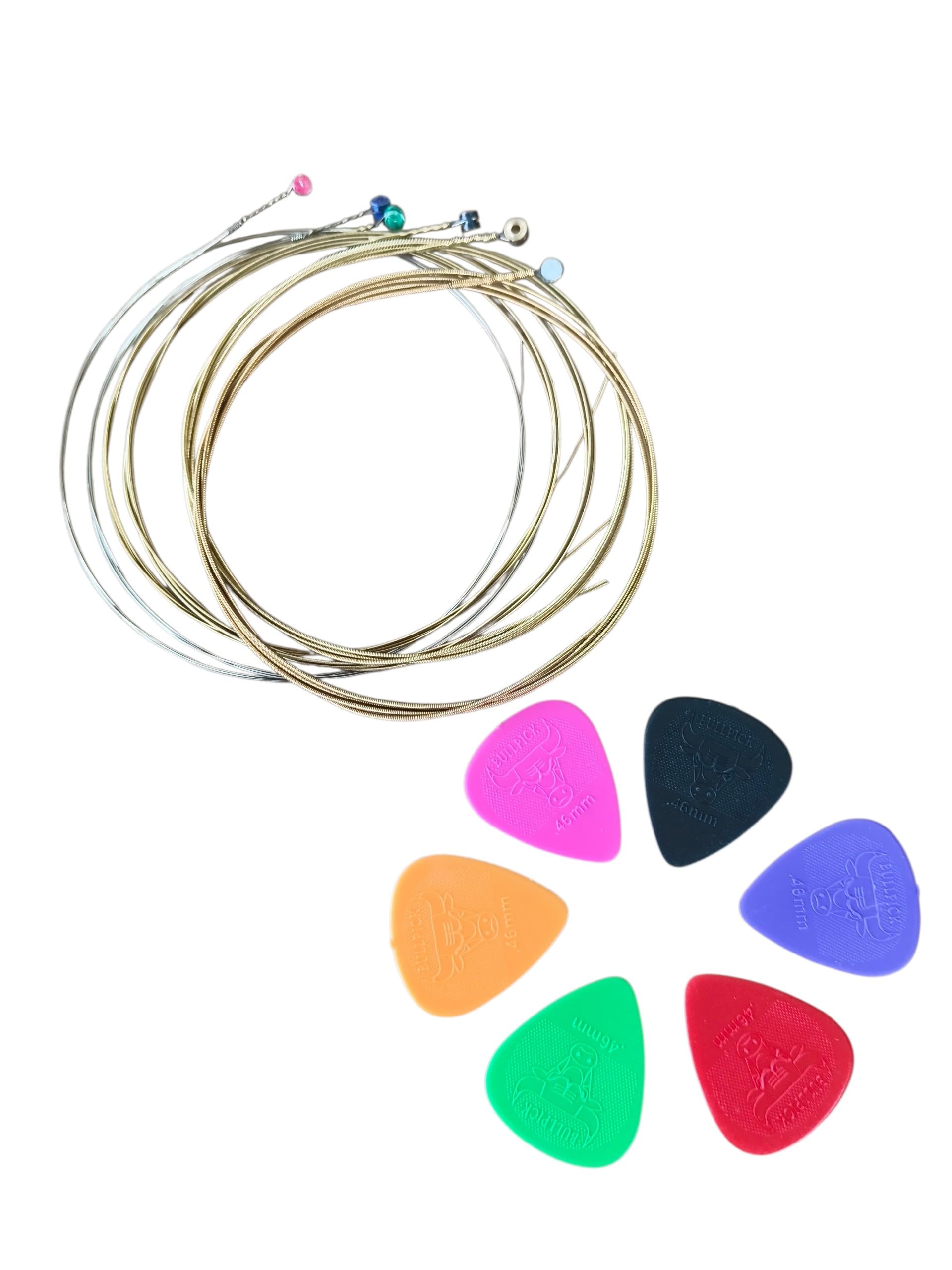 Acoustic Guitar Strings Set with 6 Colourful Plectrums | Includes 6 Picks, Colour-Coded Ball Ends, Full String Set, Beginner Friendly, Multicolour Picks-image-1