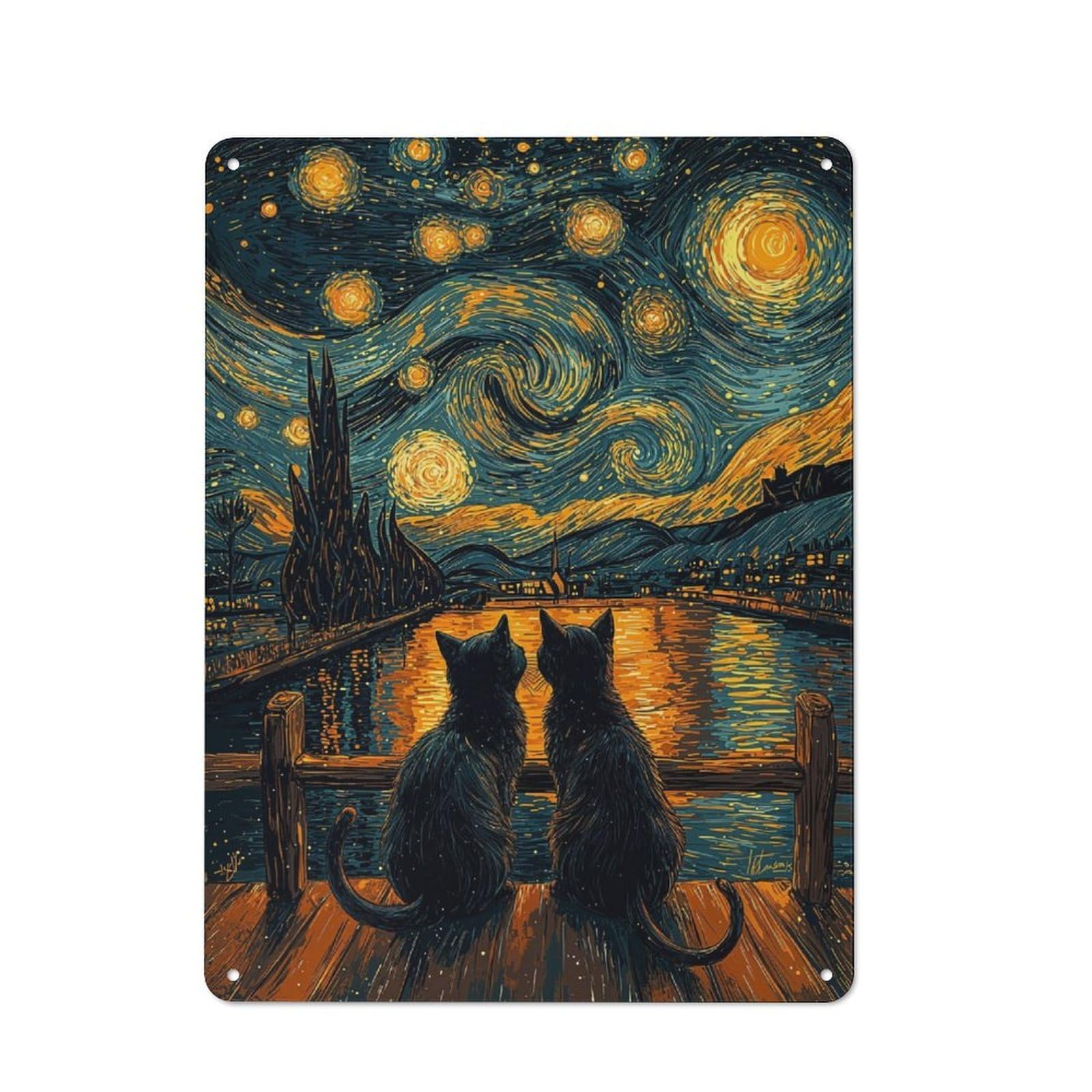 Junmoney Starry Night Cats Tin Wall Sign, Bright Printed Design, For Man Cave, Tool Wall Or Office Corner, 40X30cm