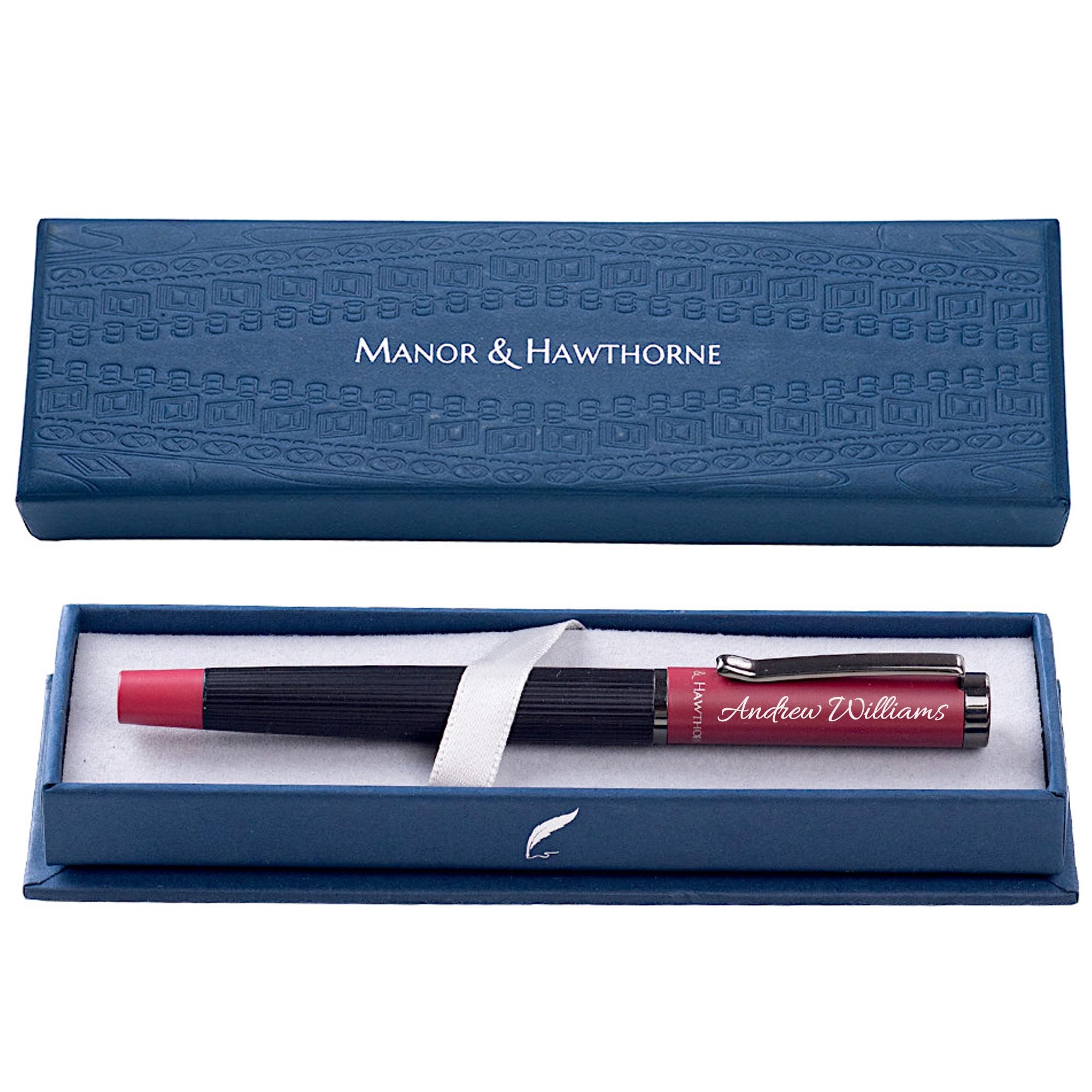 Manor & Hawthorne Personalised Fountain Pen - Engraving Available in Black, Red, Blue, and Green - Gift-Boxed Writing - Black & Blue ink & Converter (Black with Red Cap (Personalised))