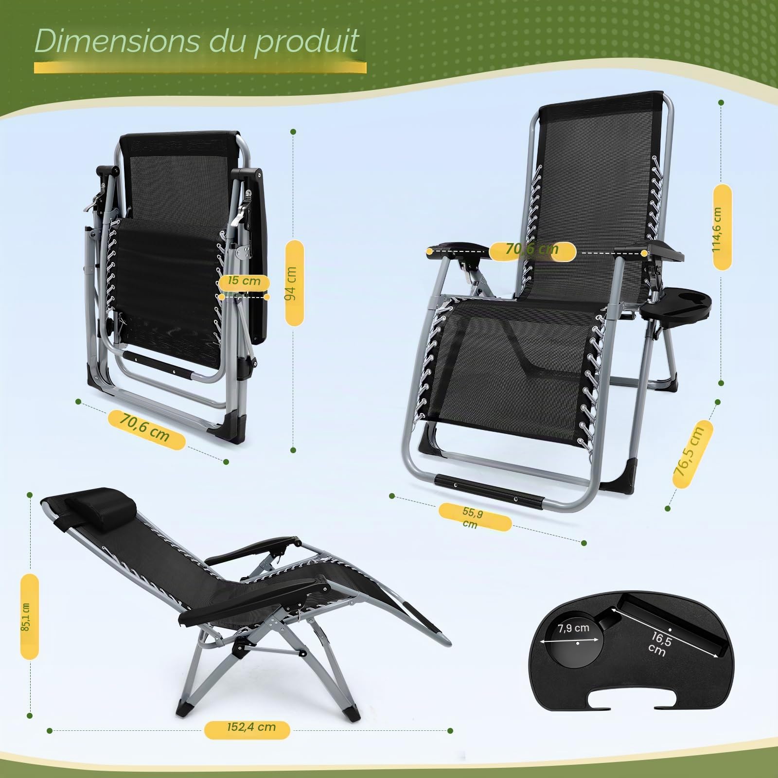 Lischwert Chaises de jardin Zéro Gravity, charge 199 kg, inclinables en textilène, appuie-tête réglable, support pour tasses et téléphone, chaise longue pliable (noir mat)